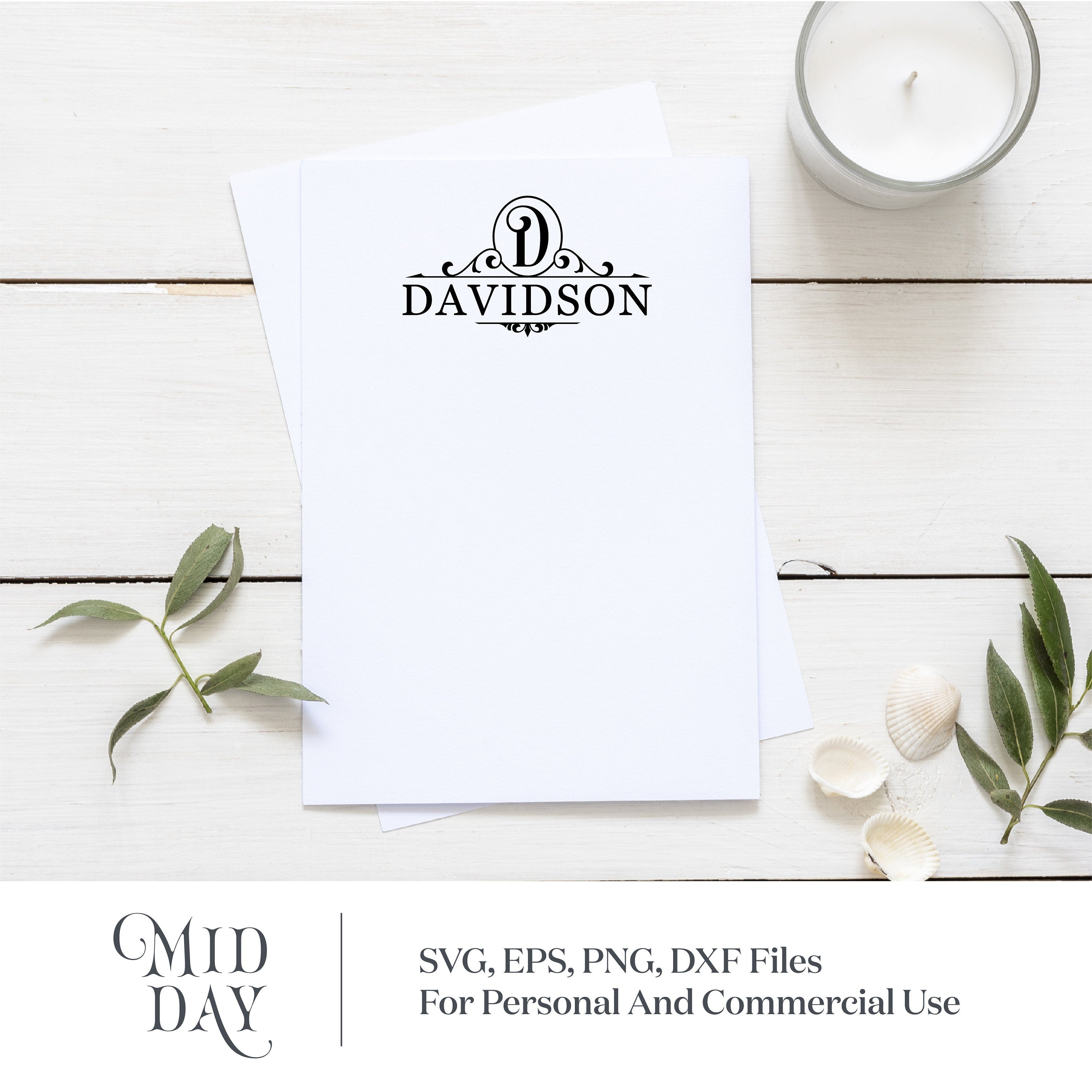 Elegant letter D monogram svg on cardstock with candle and leaves, personalized for Davidson family, suitable for Cricut projects.