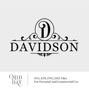 Elegant letter D monogram with Davidson family name, decorative swirl accents, suitable for SVG cutting files and personalized designs.