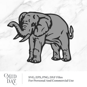Elephant SVG silhouette cut file for crafting and design projects, available in DXF, PNG, and EPS formats for personal and commercial use.