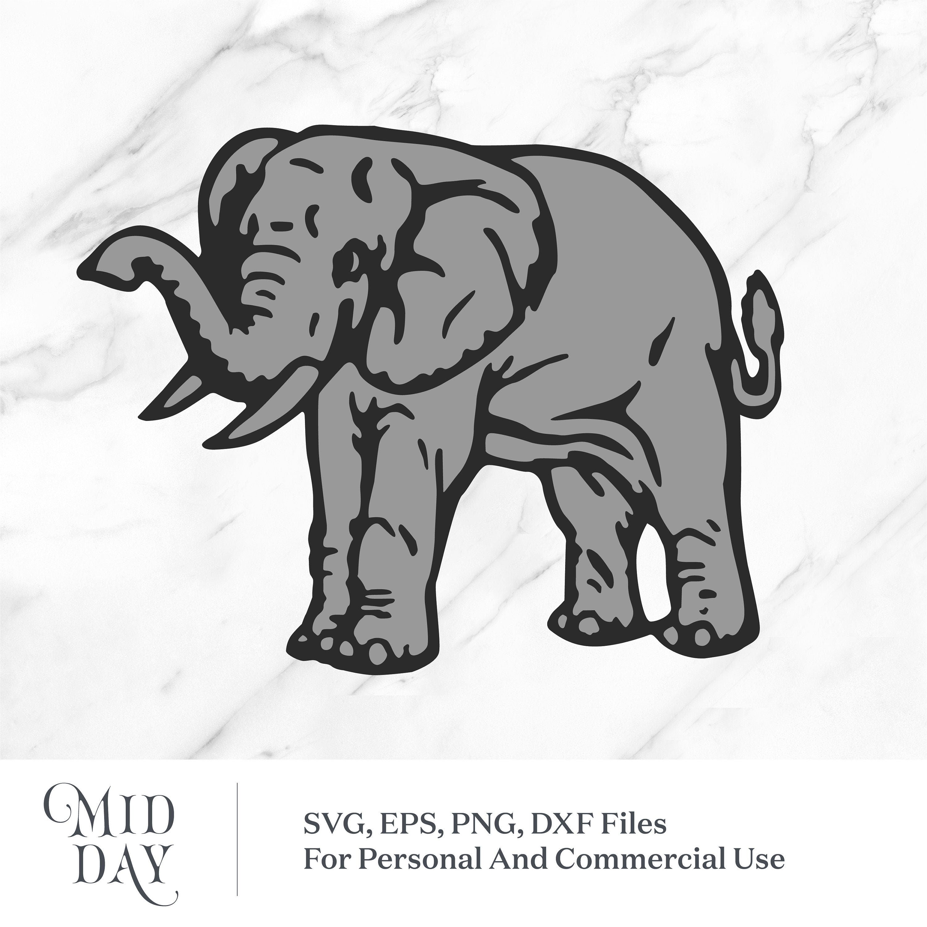 Elephant SVG silhouette cut file for crafting and design projects, available in DXF, PNG, and EPS formats for personal and commercial use.