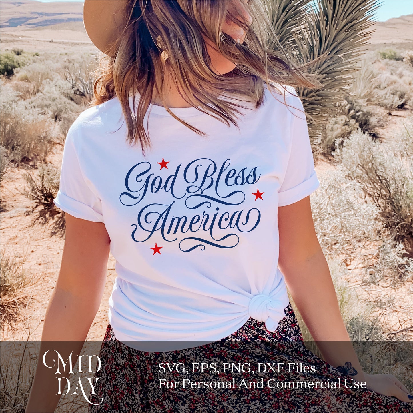 Woman wearing 'God Bless America' 4th of July t-shirt, perfect for SVG, EPS, PNG, DXF projects. Patriotic design for craft enthusiasts.