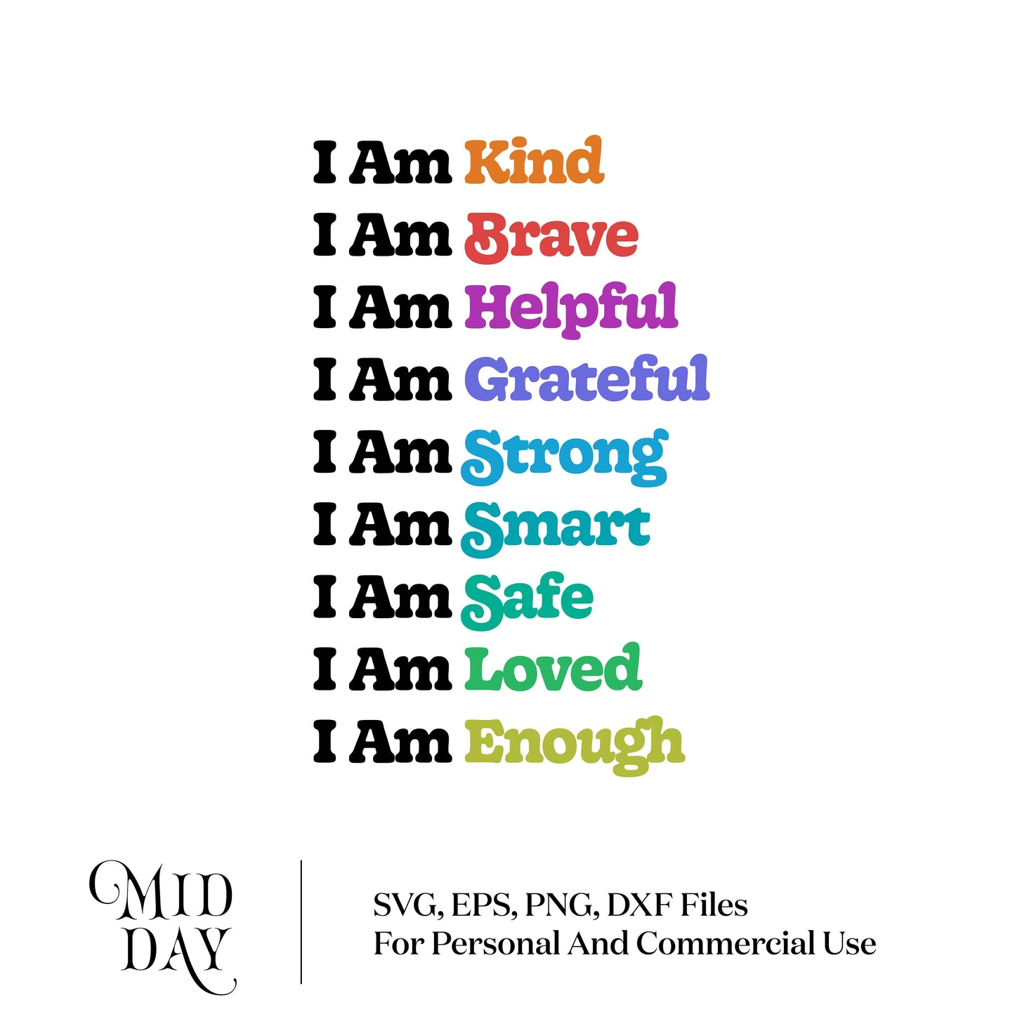 Positive affirmations poster for kids, featuring words like kind, brave, and enough, in colorful text for classroom or playroom decor.
