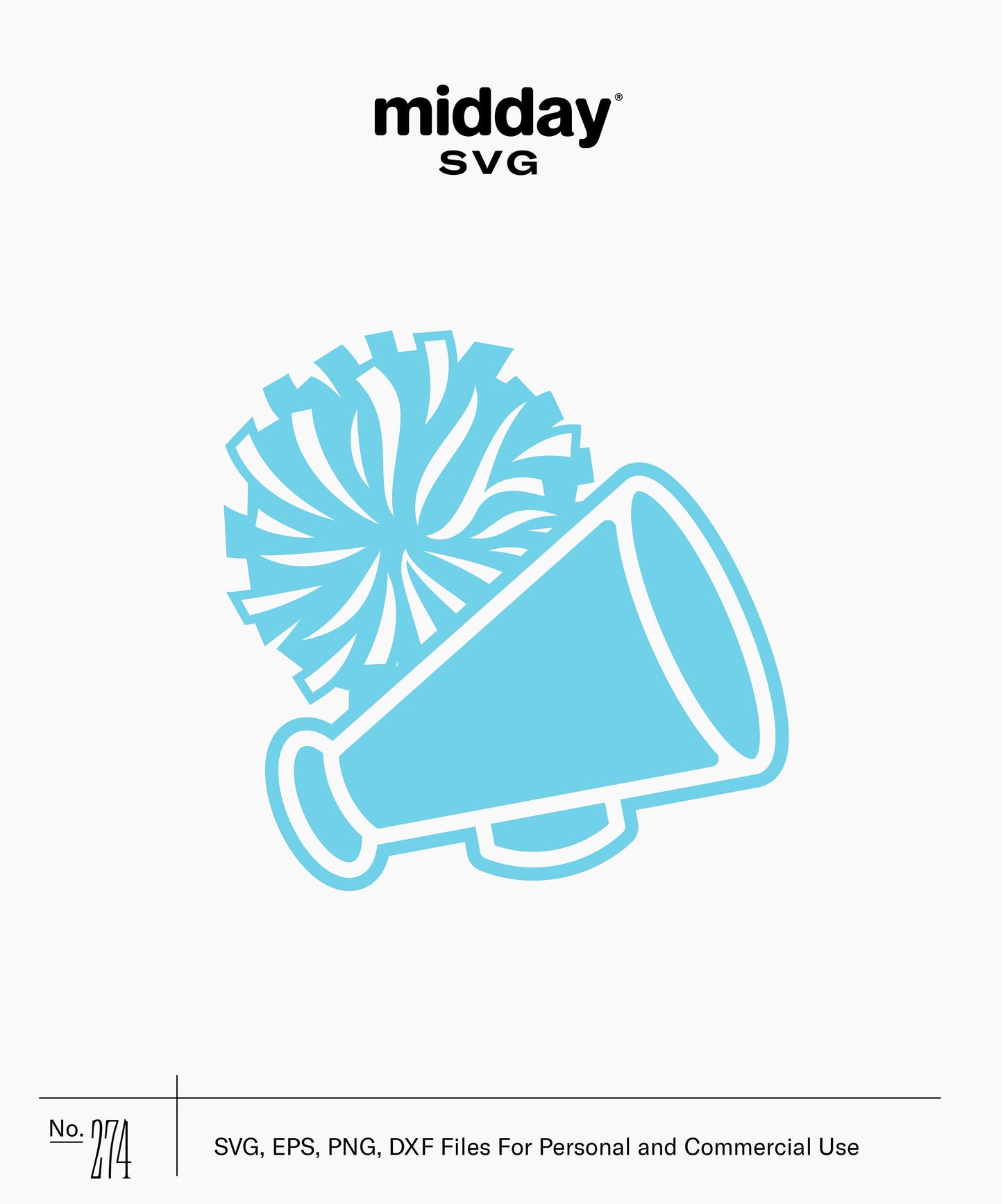 Cheerleader megaphone and pom pom SVG design in blue color, perfect for crafting and decoration projects. Includes SVG, EPS, PNG, DXF files.
