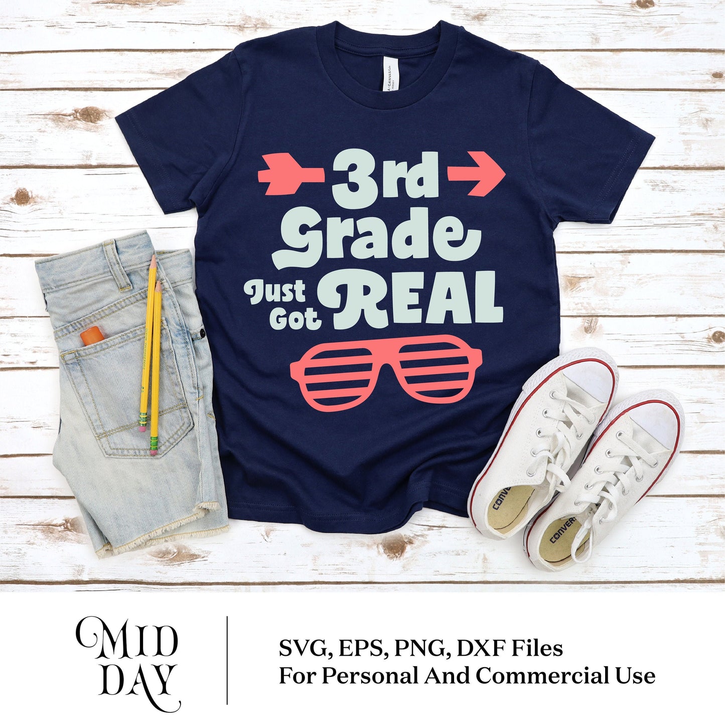 Navy blue t-shirt with '3rd Grade Just Got Real' design, white sneakers, and denim shorts, perfect for first day of school gifts.