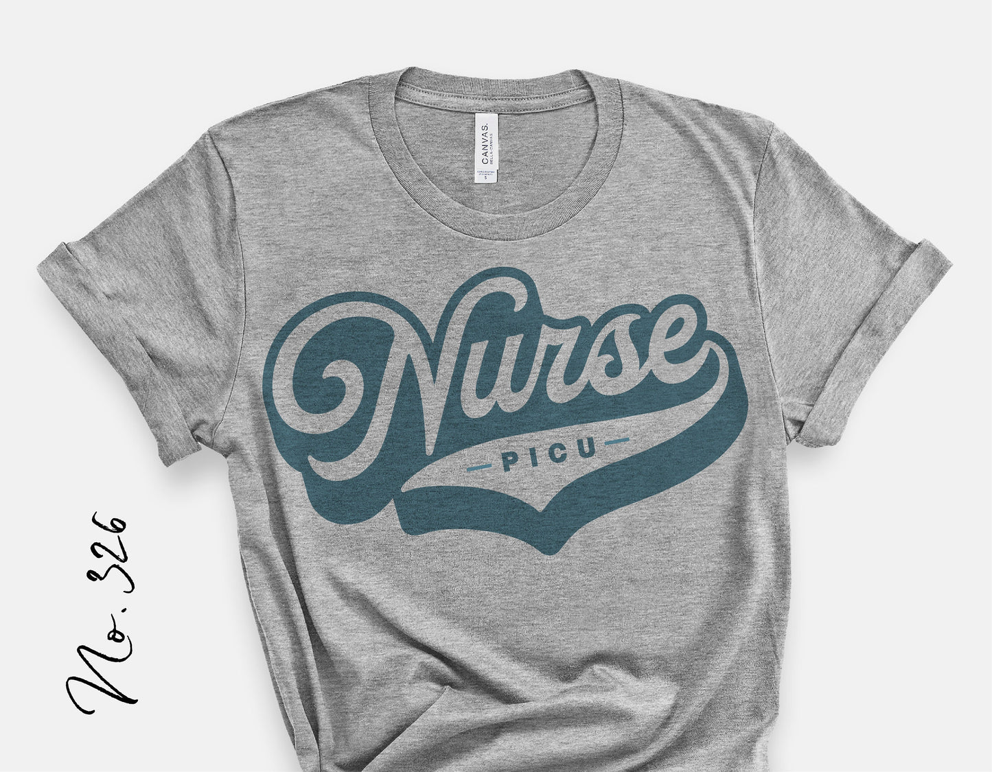 Retro style PICU Nurse t-shirt with teal lettering on a gray background, perfect for medical professionals and nursing enthusiasts.