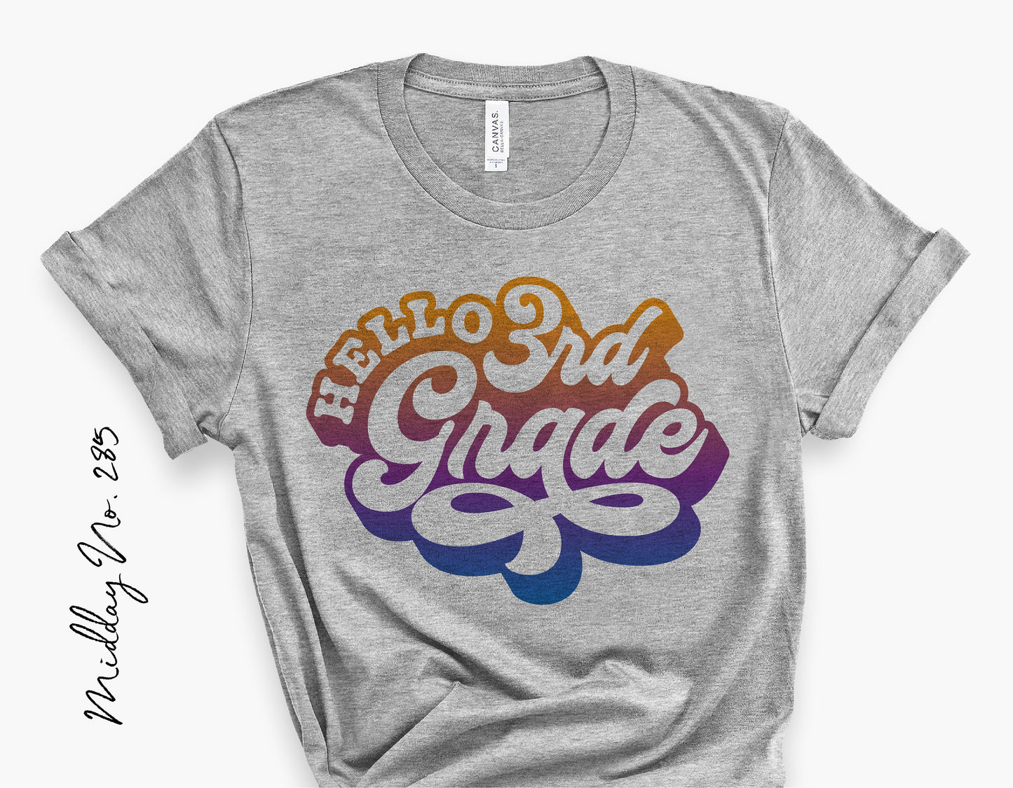 Gray t-shirt with colorful 'Hello 3rd Grade' design for teachers or students, perfect for back-to-school or third-grade events