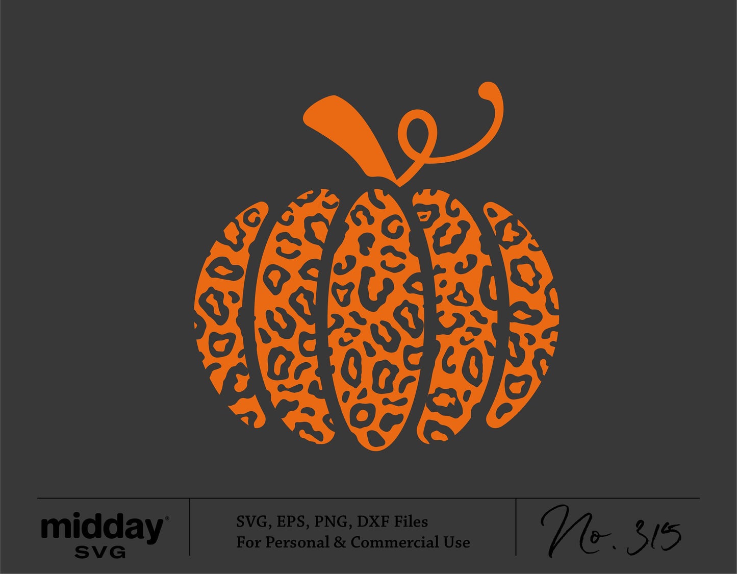 Leopard print pumpkin graphic in SVG format, perfect for Halloween and fall crafts. Includes SVG, EPS, PNG, and DXF files for creative use.