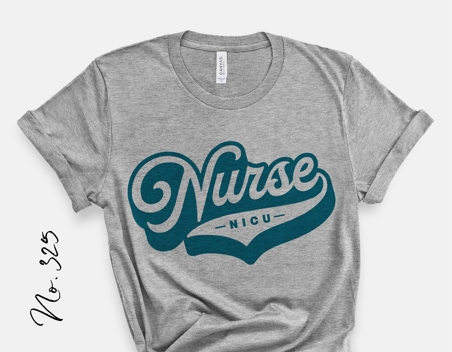 Gray t-shirt with retro style 'NICU Nurse' design in teal for hospital or medical-themed apparel, ideal for healthcare professionals.