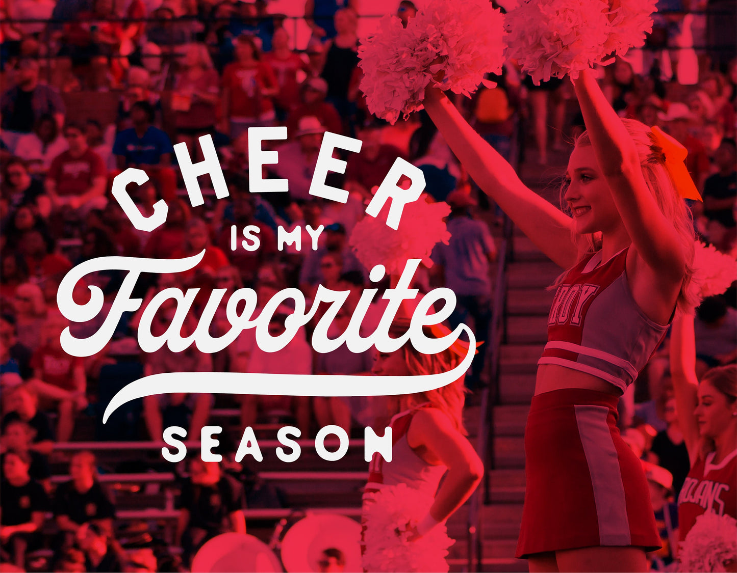 Cheerleader raising pom-poms with 'Cheer is my Favorite Season' text overlay, perfect for cheer theme designs and SVG files.