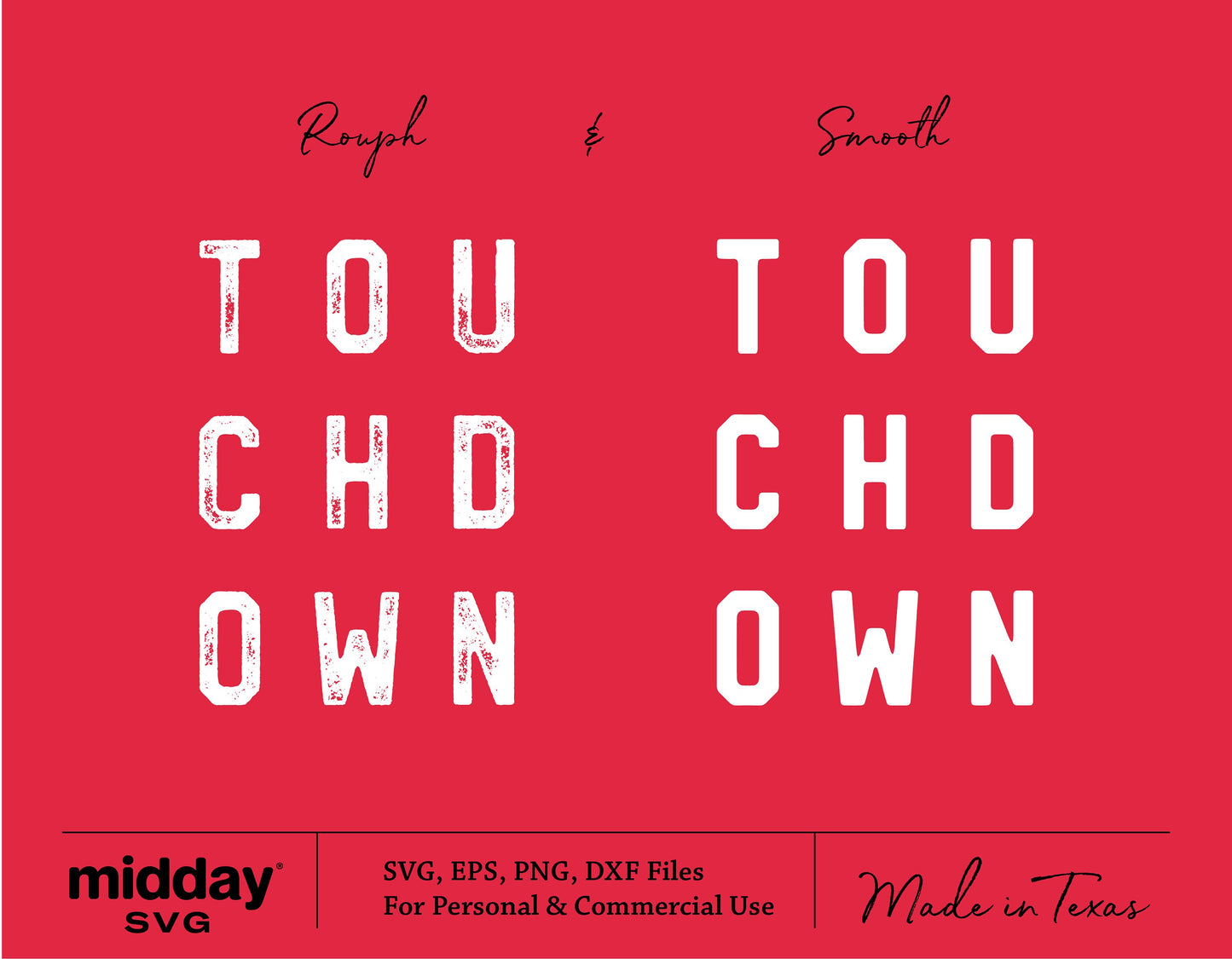 Red background showcasing 'Touchdown' in rough and smooth text styles with SVG, EPS, PNG, DXF formats for Cricut and Silhouette.