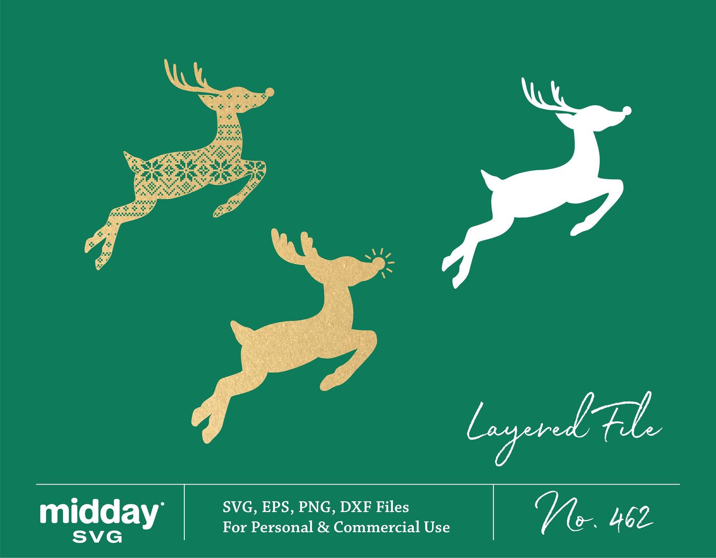 Layered Rudolph Reindeer SVG set with sweater design and silhouette, perfect for Christmas crafts and ornaments using Cricut and Silhouette.