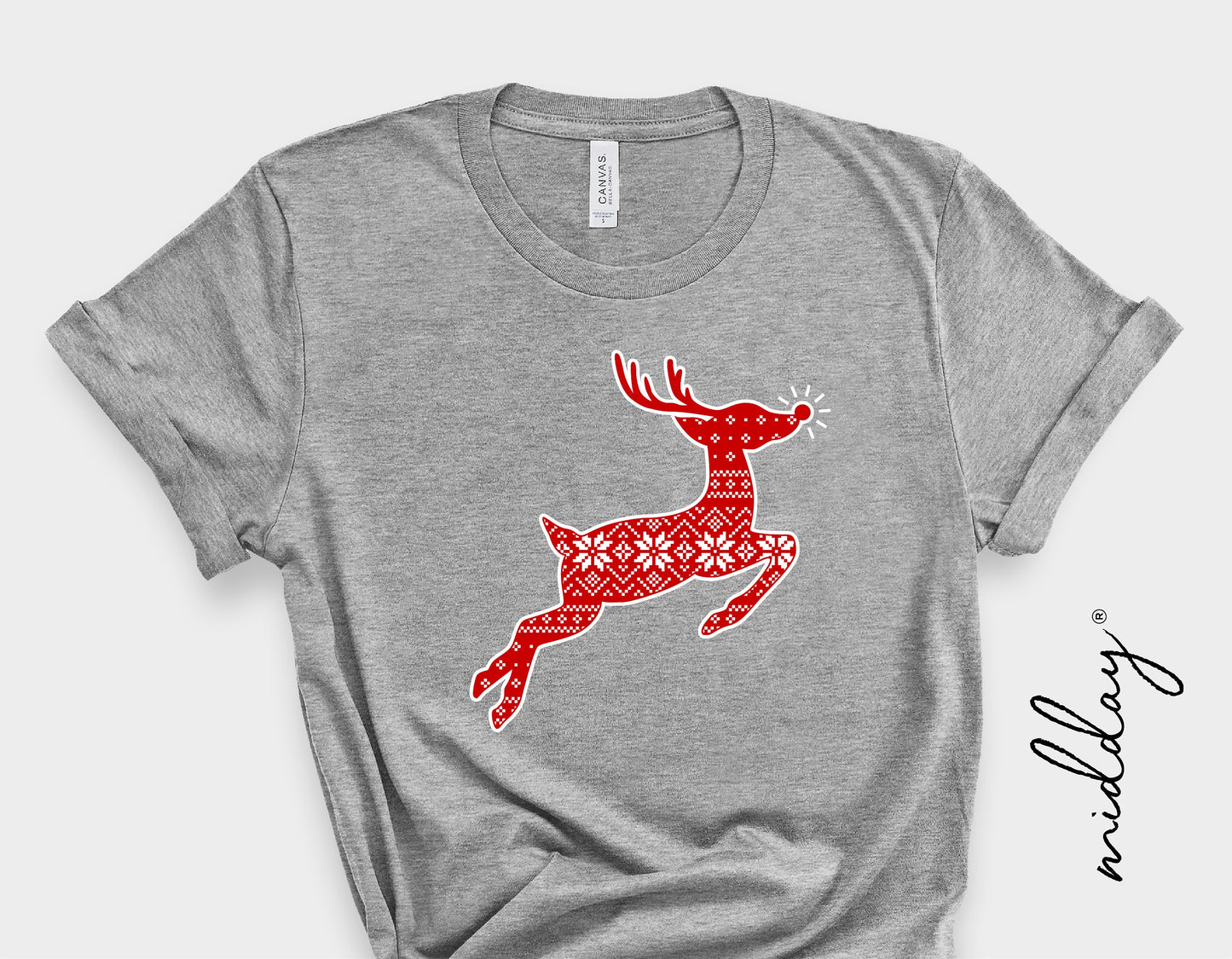 Gray t-shirt with red Rudolph Reindeer SVG design, featuring winter sweater pattern, perfect for Christmas crafting with Cricut and Silhouette.