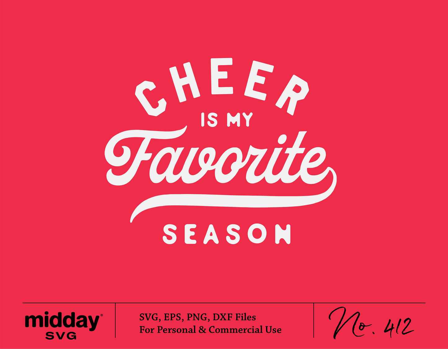 Cheer is My Favorite Season SVG design on red background for shirts and crafts, includes SVG, EPS, PNG, and DXF files.