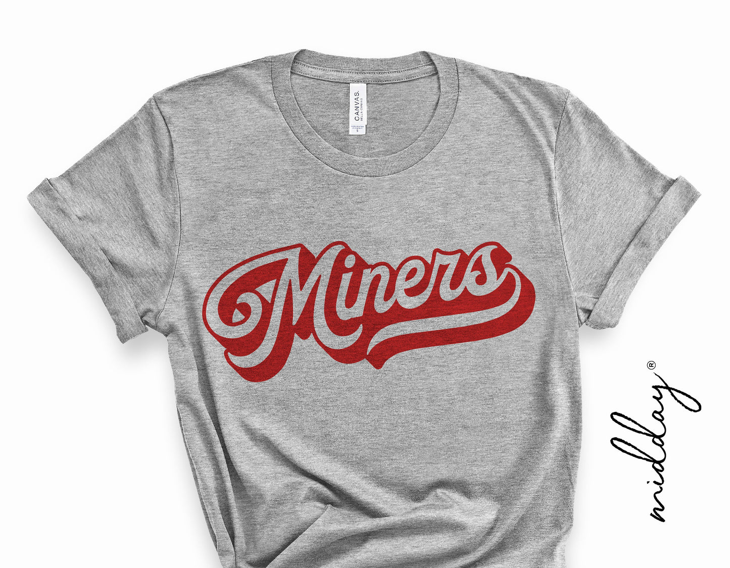 Gray t-shirt with retro red 'Miners' script, showcasing school spirit and athletic pride; perfect for Cricut cut file projects.