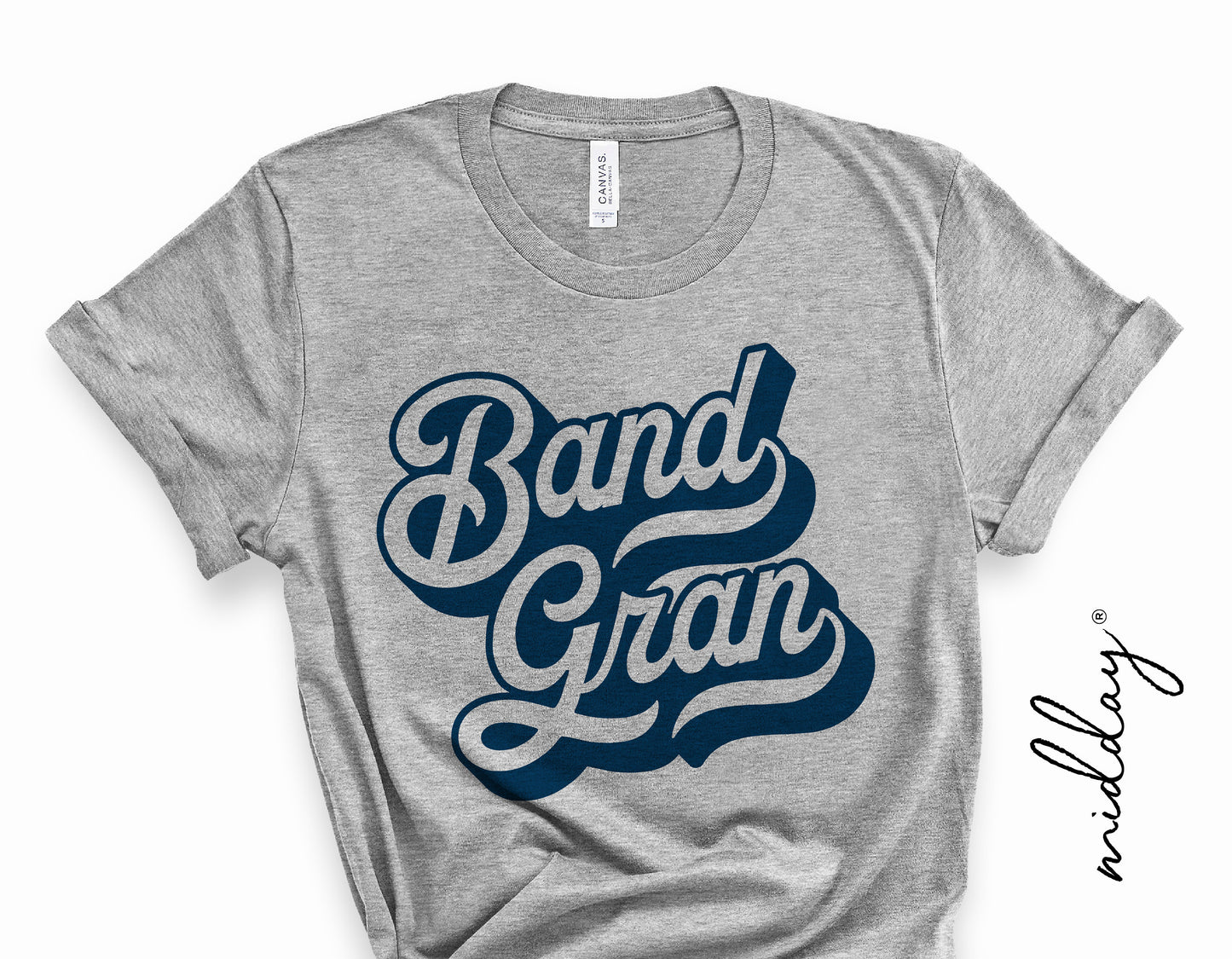 Gray Band Gran t-shirt with bold lettering for marching band enthusiasts, featuring School Spirit and sports design. Ideal for Cricut projects.
