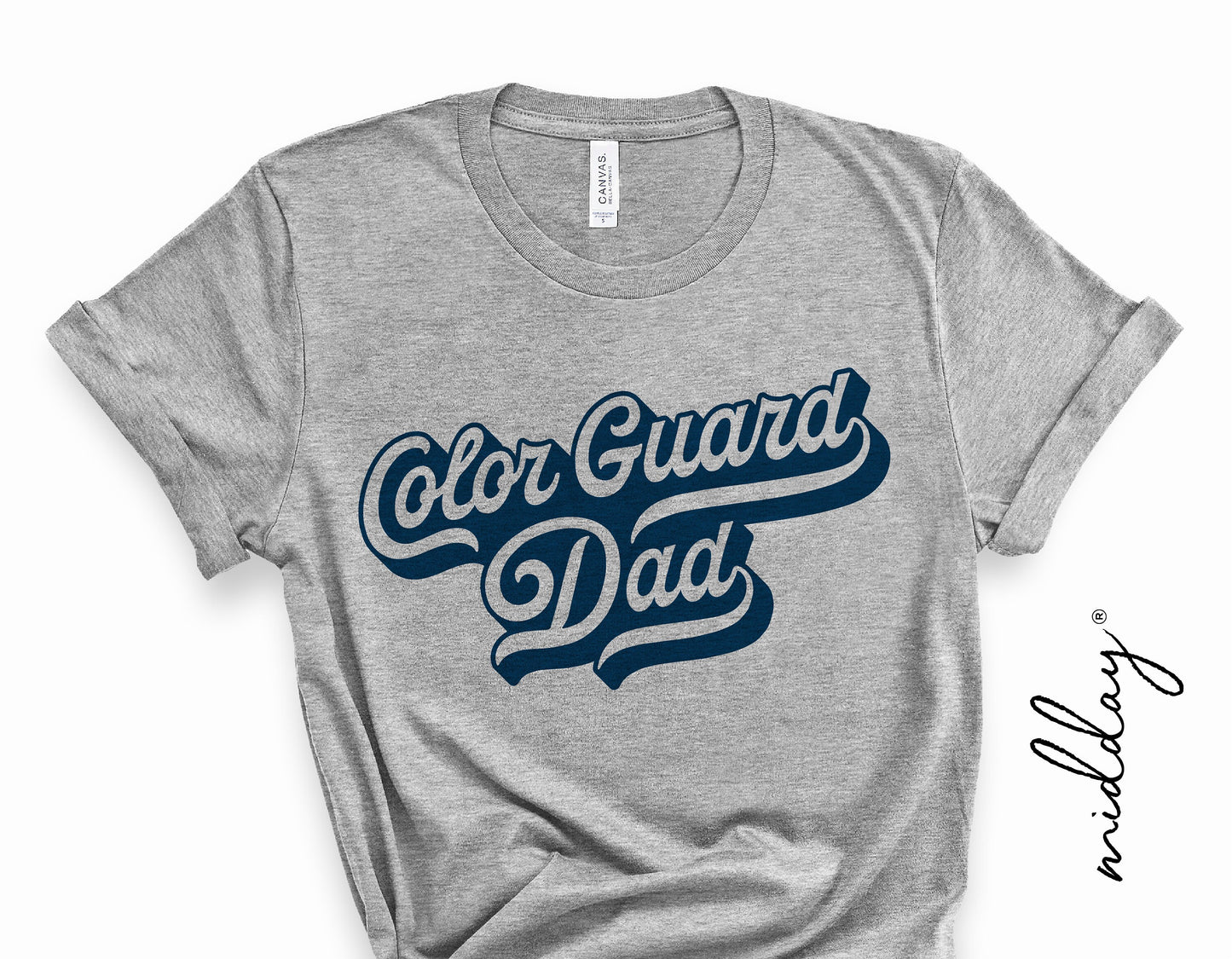 Gray t-shirt with 'Color Guard Dad' design, ideal for marching band enthusiasts and school spirit displays, in SVG and PNG formats.