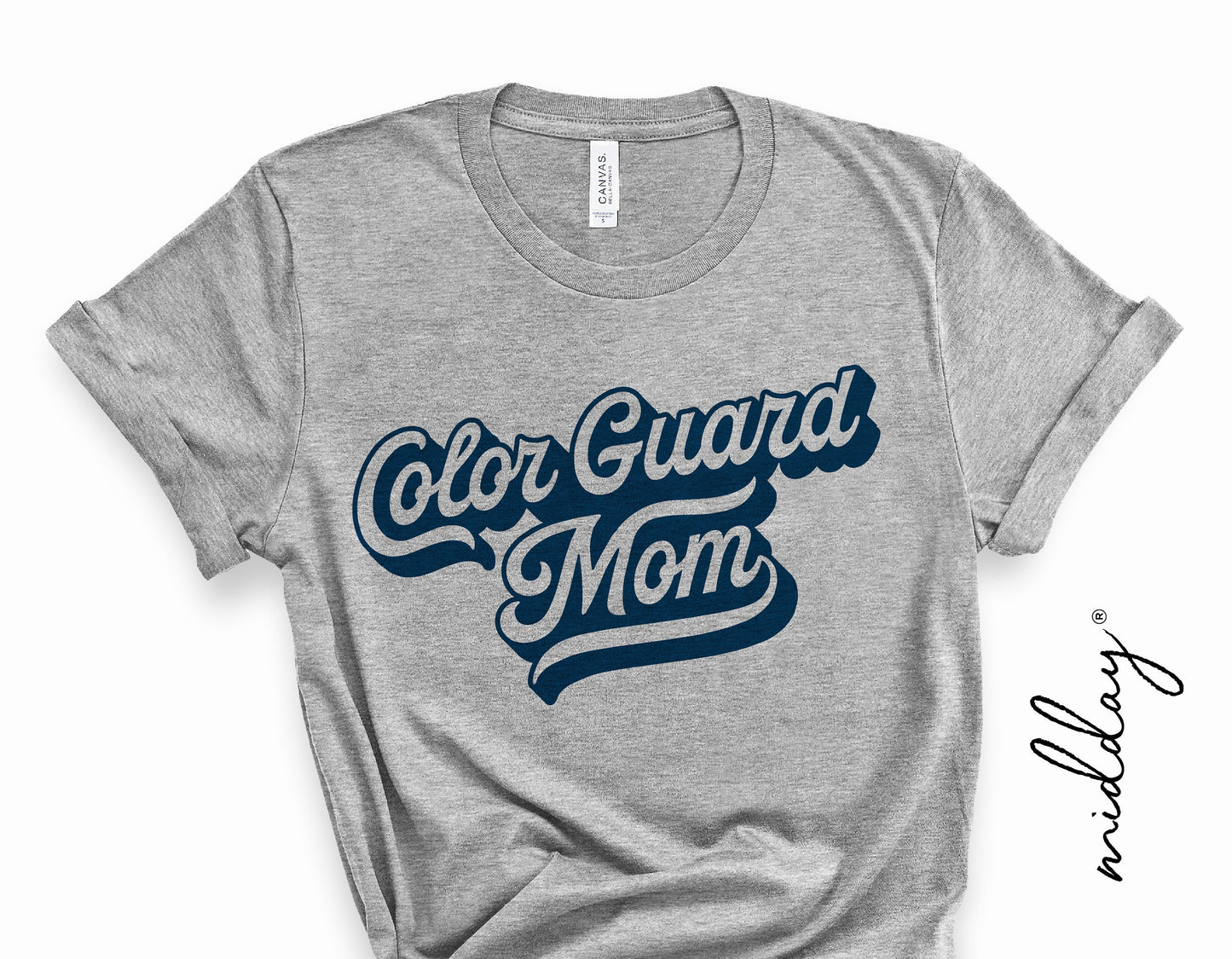 Gray sweatshirt with 'Color Guard Mom' design in bold script, ideal for marching band enthusiasts and school spirit, includes SVG cut file.