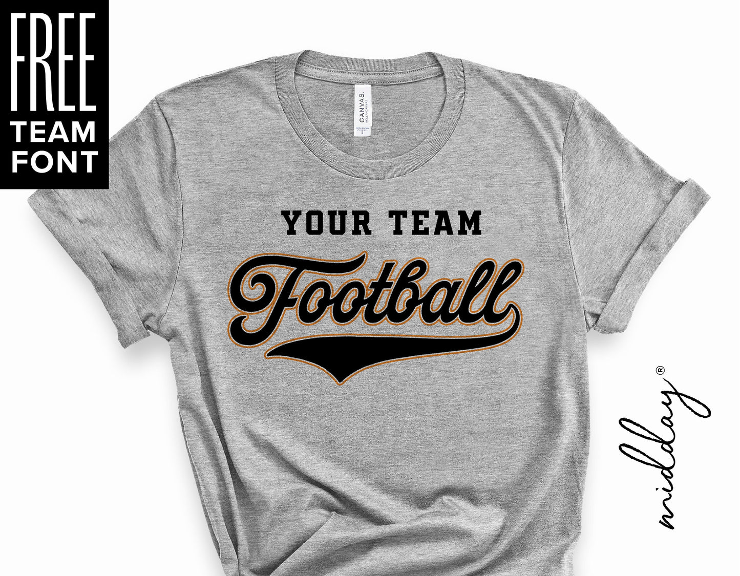Gray t-shirt with customizable "Your Team Football" design, perfect for football fans, featuring free team font.