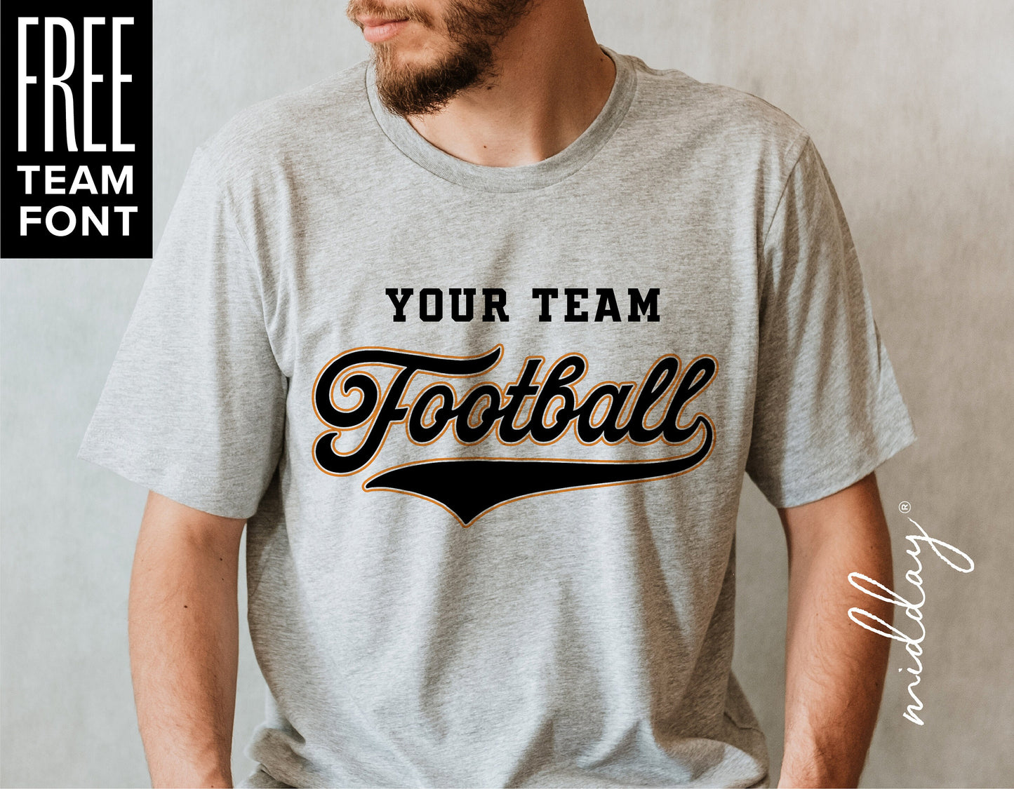 Gray t-shirt with customizable football team text and a free team font offer, ideal for football fans and sports events.