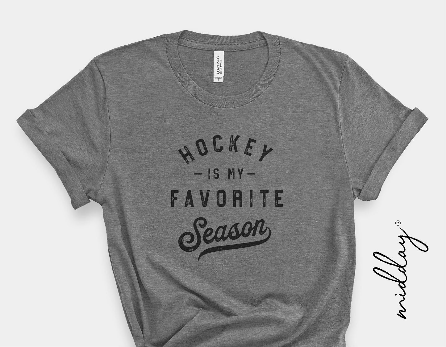 Gray t-shirt with 'Hockey is my Favorite Season' text, ideal for hockey moms and teams, available as SVG, Cricut and Silhouette cut files.