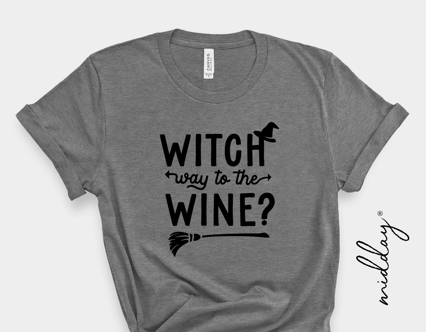 Gray t-shirt with 'Witch Way to the Wine?' design for Halloween, featuring witch hat and broomstick graphic.