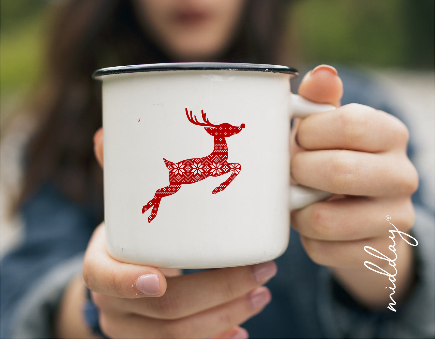 White mug featuring a red Rudolph reindeer with a winter sweater pattern, perfect for Christmas crafts and Cricut projects.