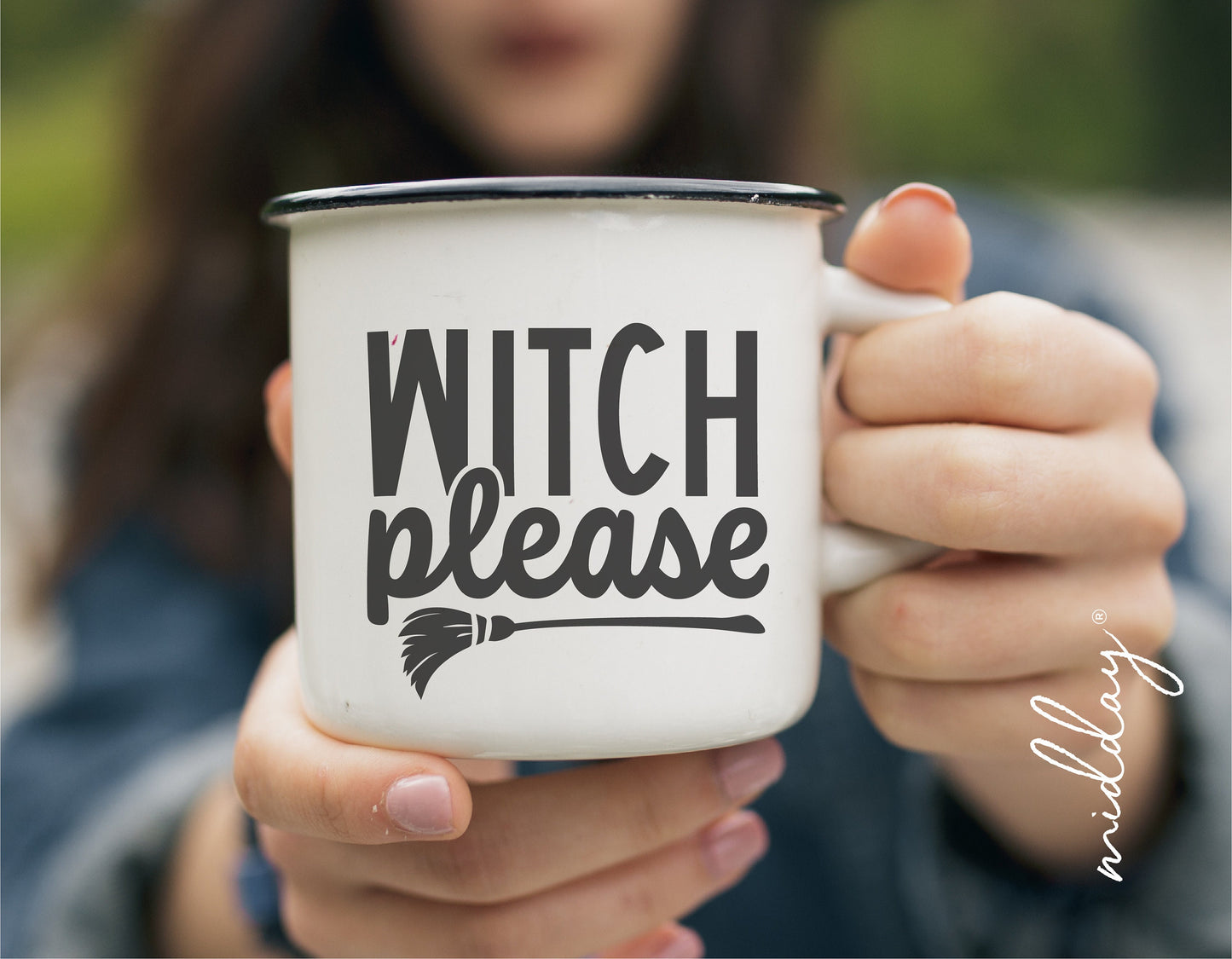 Woman holding a mug with "Witch Please" and broomstick design, ideal for Halloween svg projects and Cricut crafts.