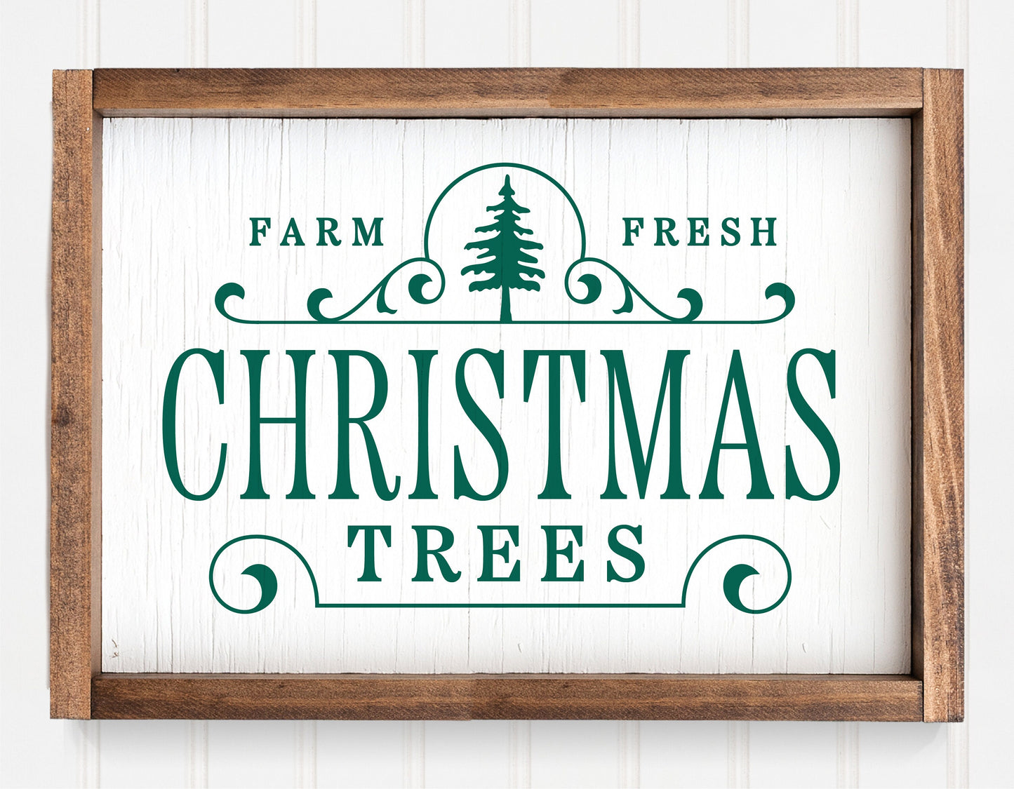 Farm Fresh Christmas Trees SVG design in wooden frame, perfect for holiday ornaments and decorations, compatible with Cricut and Silhouette.