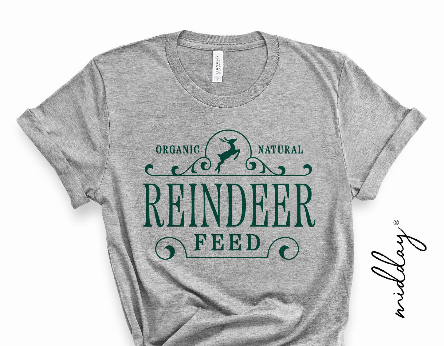 Gray t-shirt with green 'Reindeer Feed' design, featuring a small silhouette of a reindeer, ideal for holiday Cricut and Silhouette projects.