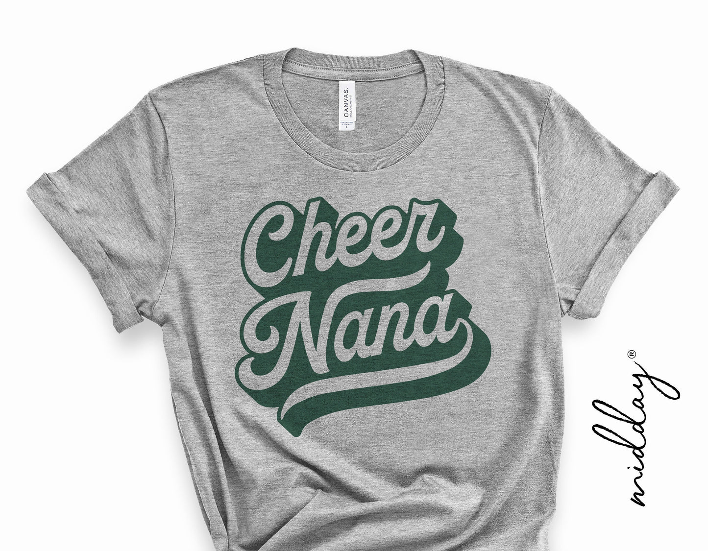 Gray t-shirt featuring Cheer Nana design, ideal for cheerleading grandmothers, perfect for Cricut and Silhouette projects.