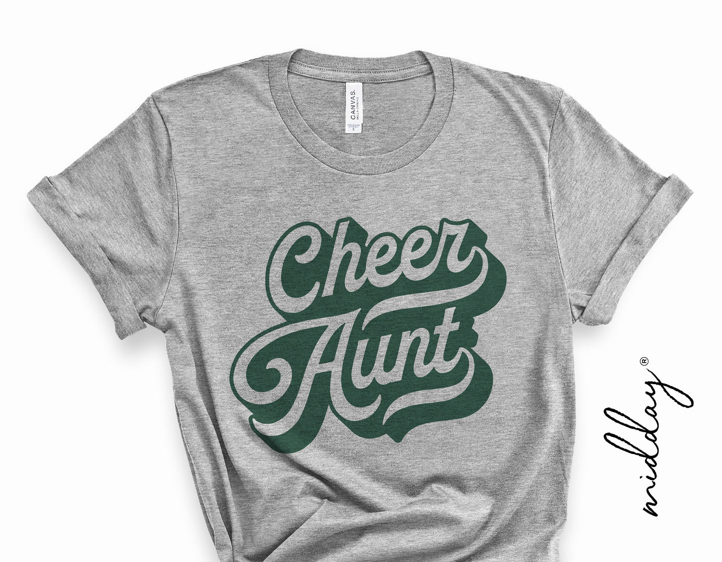 Gray t-shirt featuring 'Cheer Aunt' design in green font, perfect for cheer team spirit and Cricut crafts.