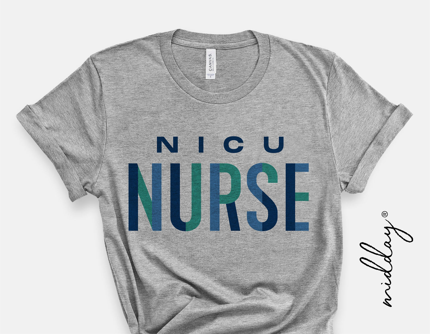 Gray t-shirt with 'NICU NURSE' text in blue and green, ideal for neonatal nurse appreciation