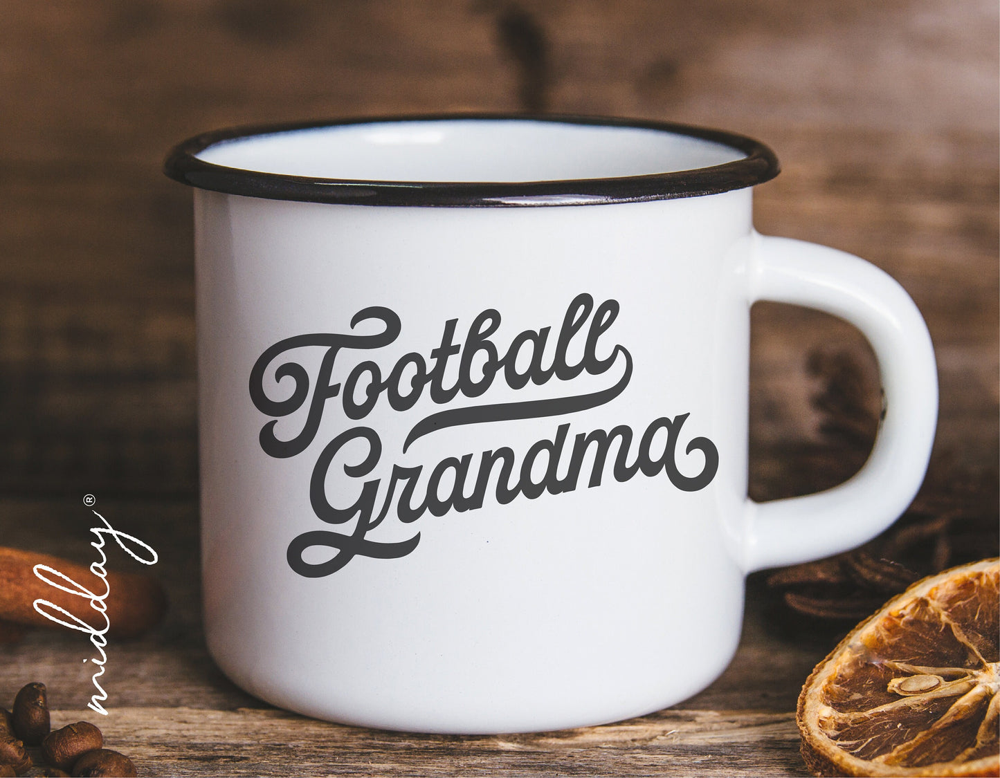 White enamel mug with 'Football Grandma' text design, perfect for football-loving grandmothers.