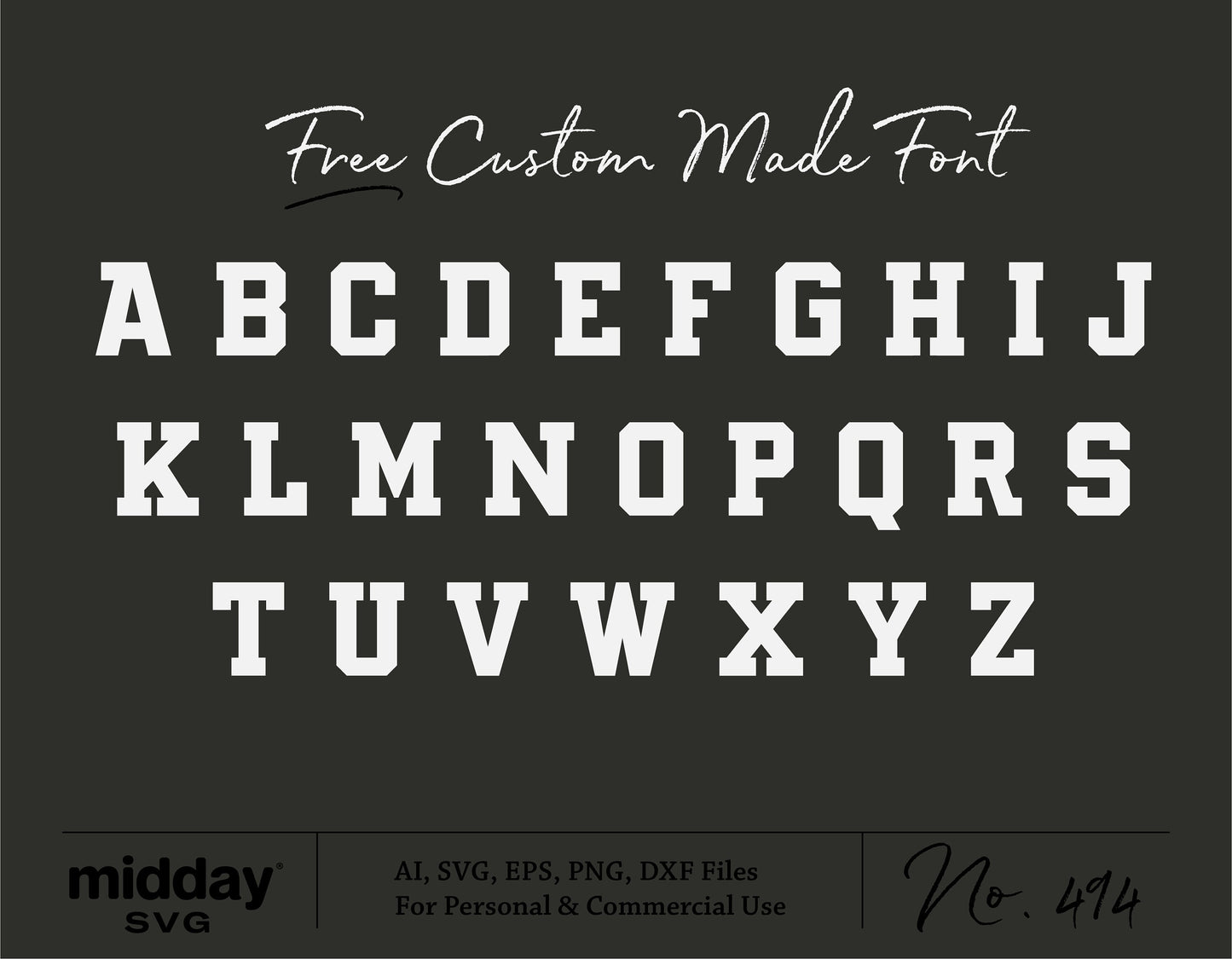 Stylish custom font alphabet A-Z available in SVG, AI, EPS, PNG, and DXF formats for personal and commercial use.