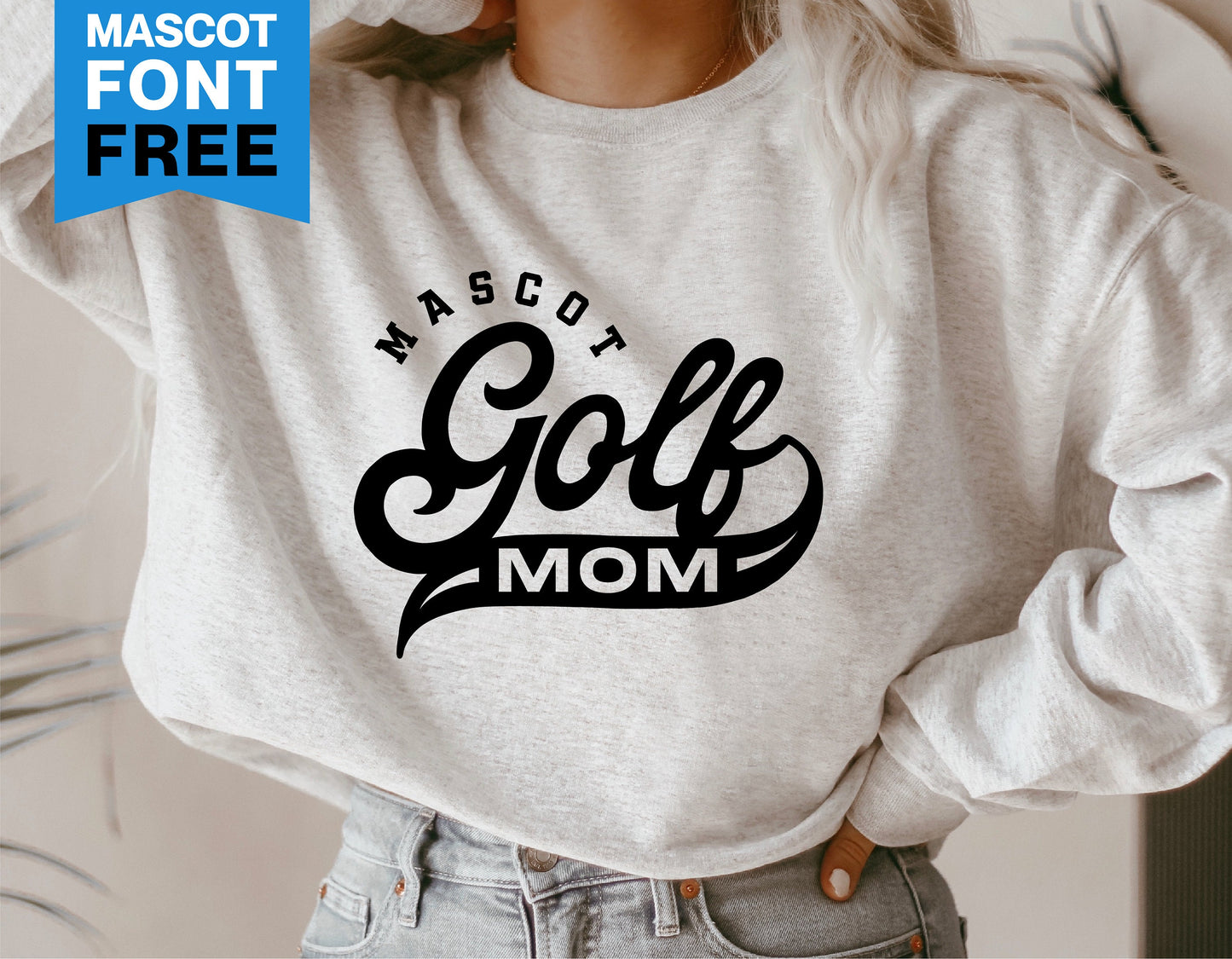 Vintage Golf Mom sweatshirt with stylish text design, perfect for golf enthusiasts and moms, featuring free mascot font offer.