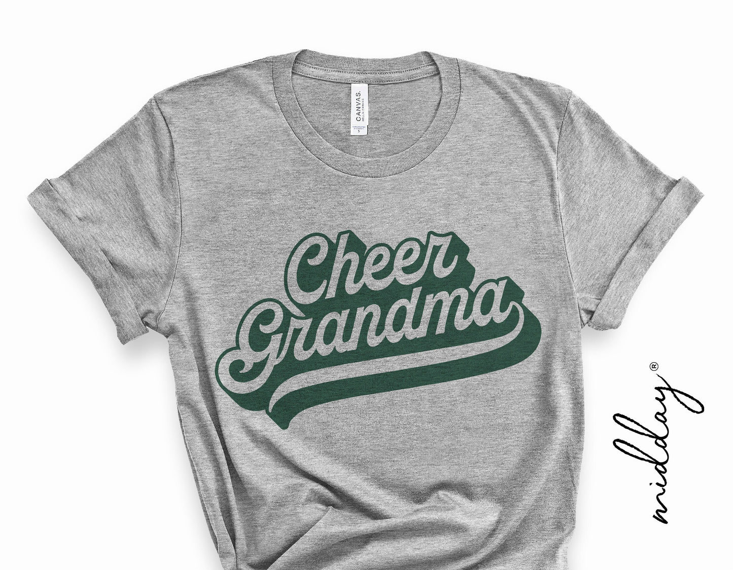Gray t-shirt with 'Cheer Grandma' text design in green, suitable for cheer team spirit and grandma apparel.