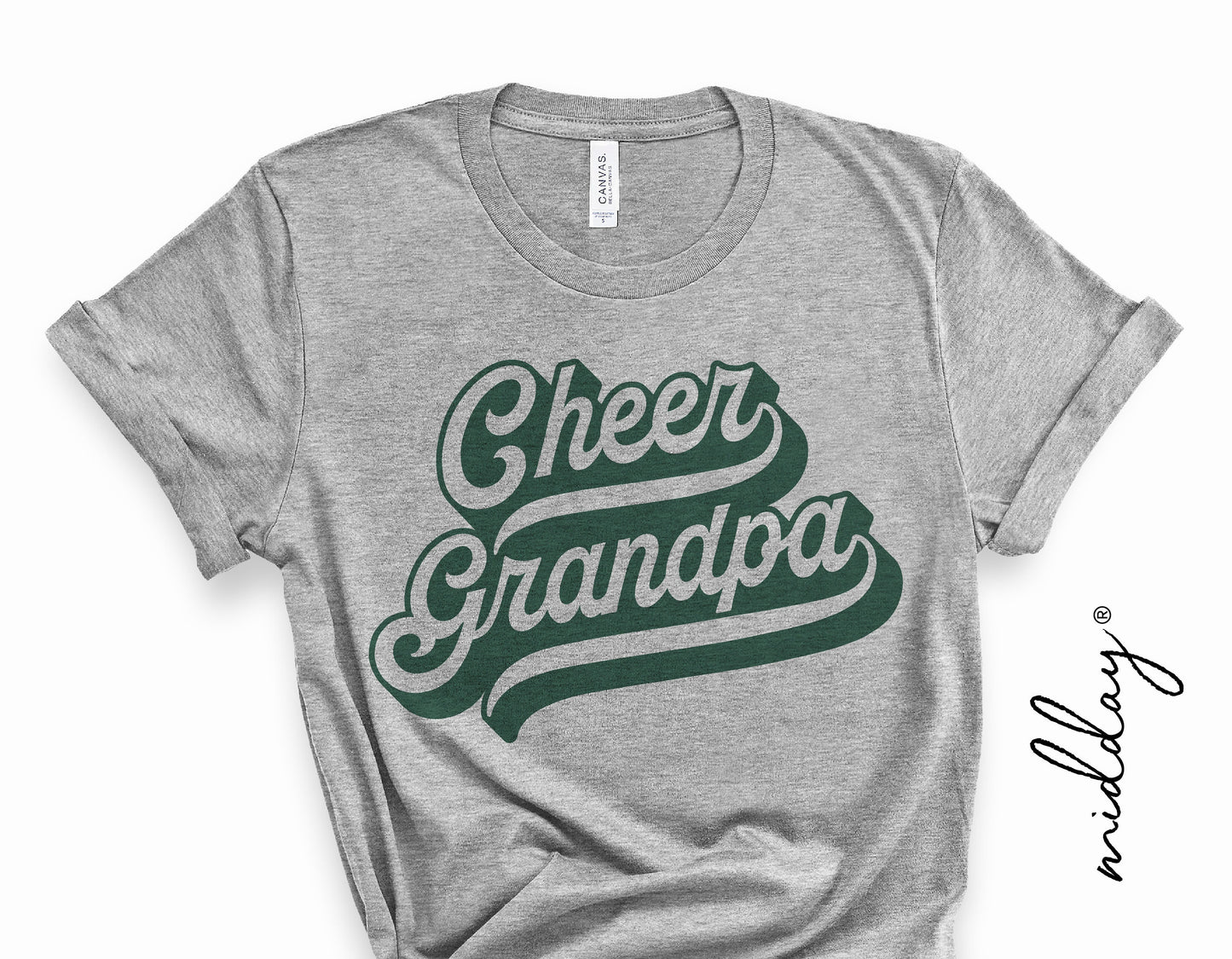 Gray t-shirt with 'Cheer Grandpa' retro logo design in dark green script font, ideal for team spirit and cheerleading enthusiasts.