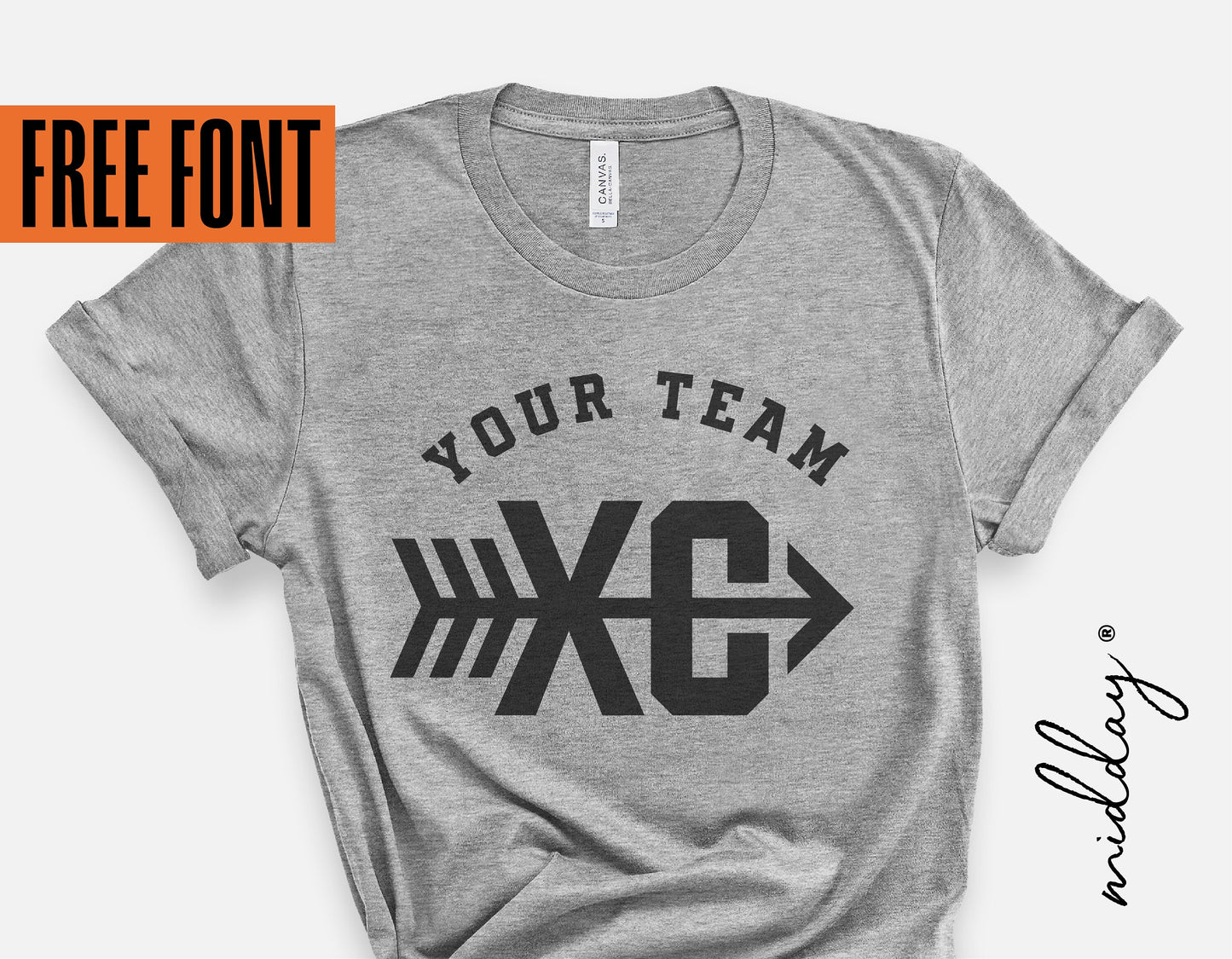 Gray t-shirt with a cross country design featuring 'Your Team' and 'XC' arrow graphic, shown with free font offer.