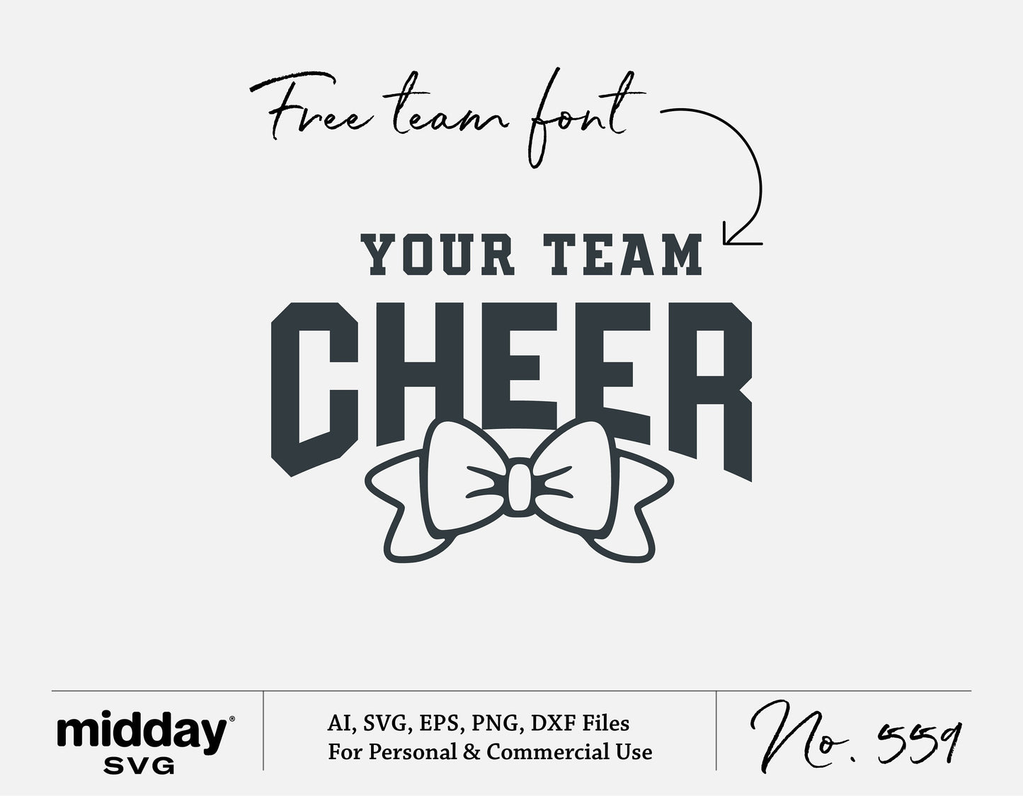 Cheerleader team SVG template with cheer bow illustration and customizable team name in Gibson font.
