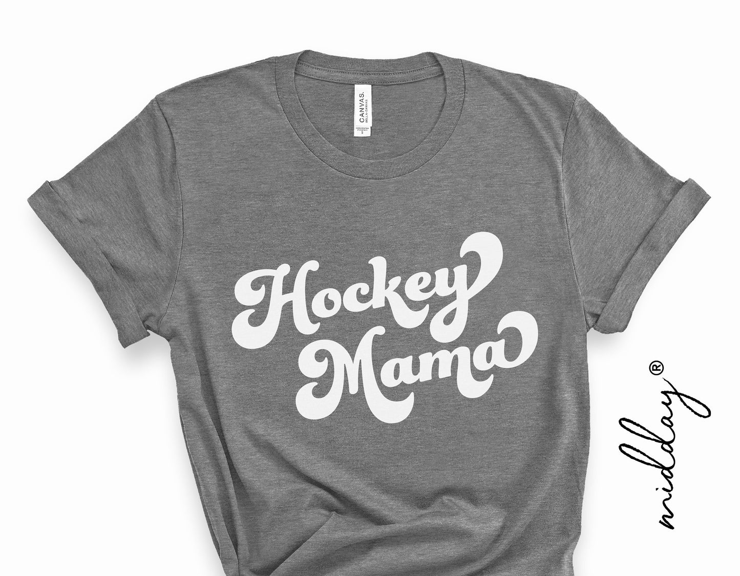 Gray t-shirt with "Hockey Mama" design in white, perfect for hockey moms. Ideal for Cricut and Silhouette projects.