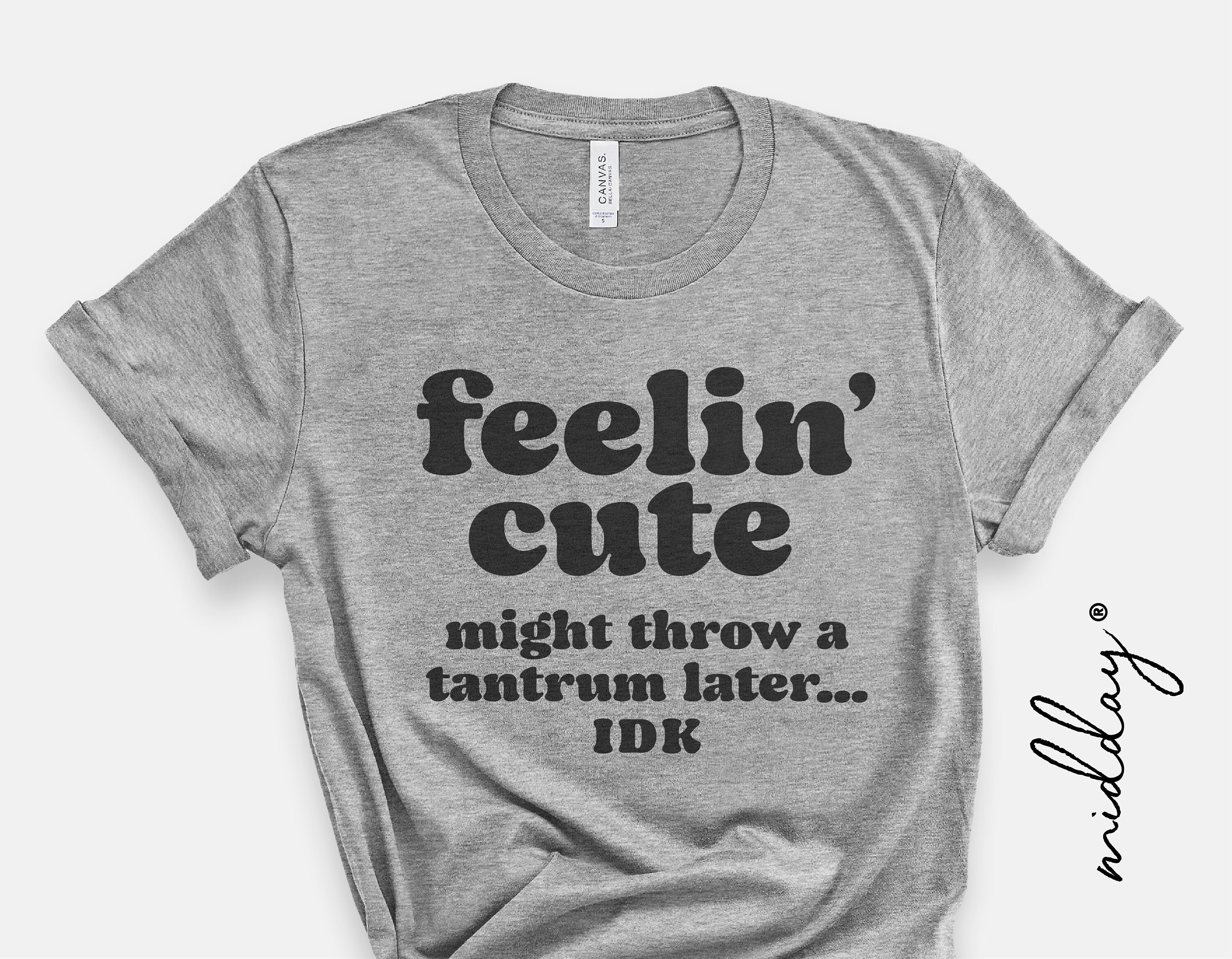 Gray baby t-shirt with 'Feelin' Cute, might throw a tantrum later... IDK' printed design, perfect for toddlers and infants.