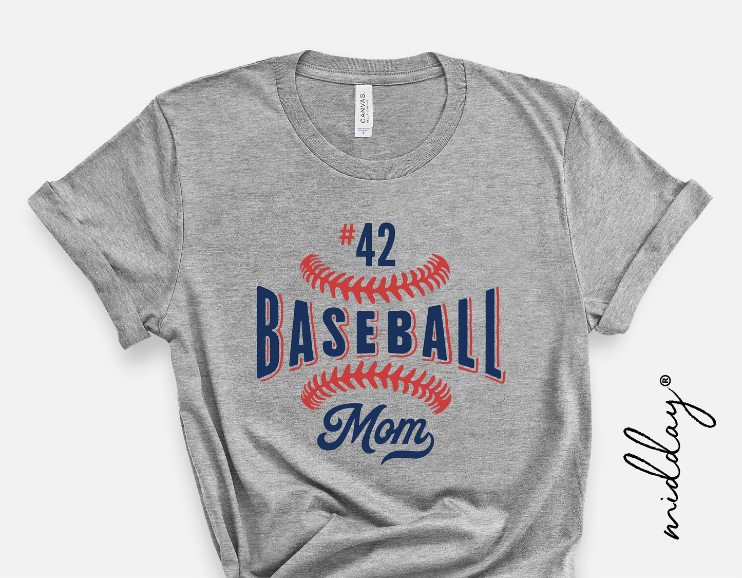 Gray t-shirt with '#42 Baseball Mom' text in blue and red, featuring baseball stitch design, ideal for baseball enthusiasts and gifts.