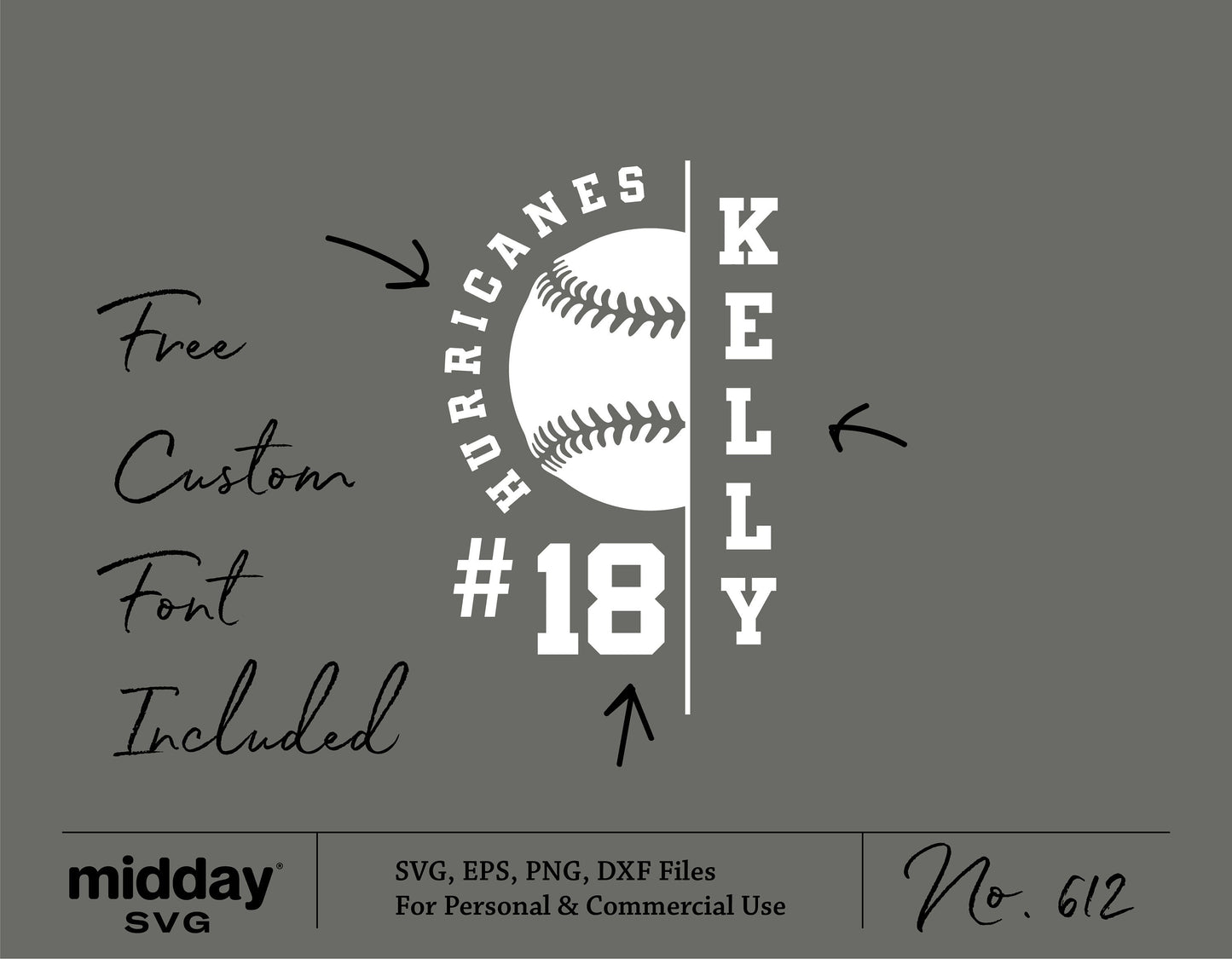 Tball team template SVG with customizable design for shirts, featuring a baseball graphic, player name, and number 18. Free custom font included.