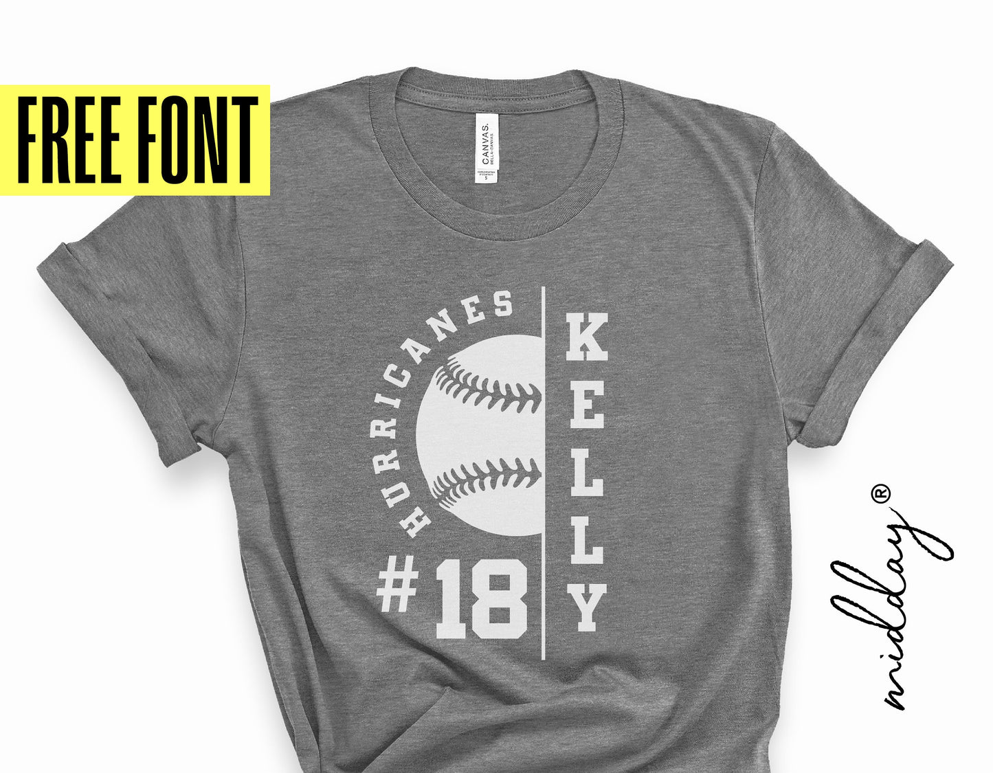 Gray T-shirt with custom baseball design, featuring 'Hurricanes,' player number 18, and name 'Kelly,' with free font offer.