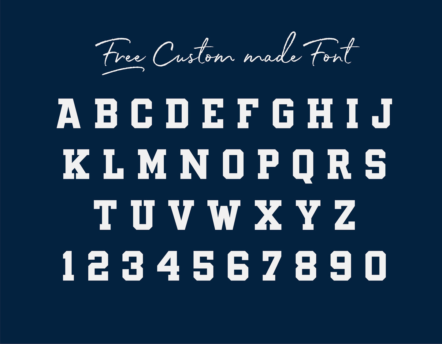 Custom-made font with uppercase letters A-Z and numbers 0-9 on navy background.