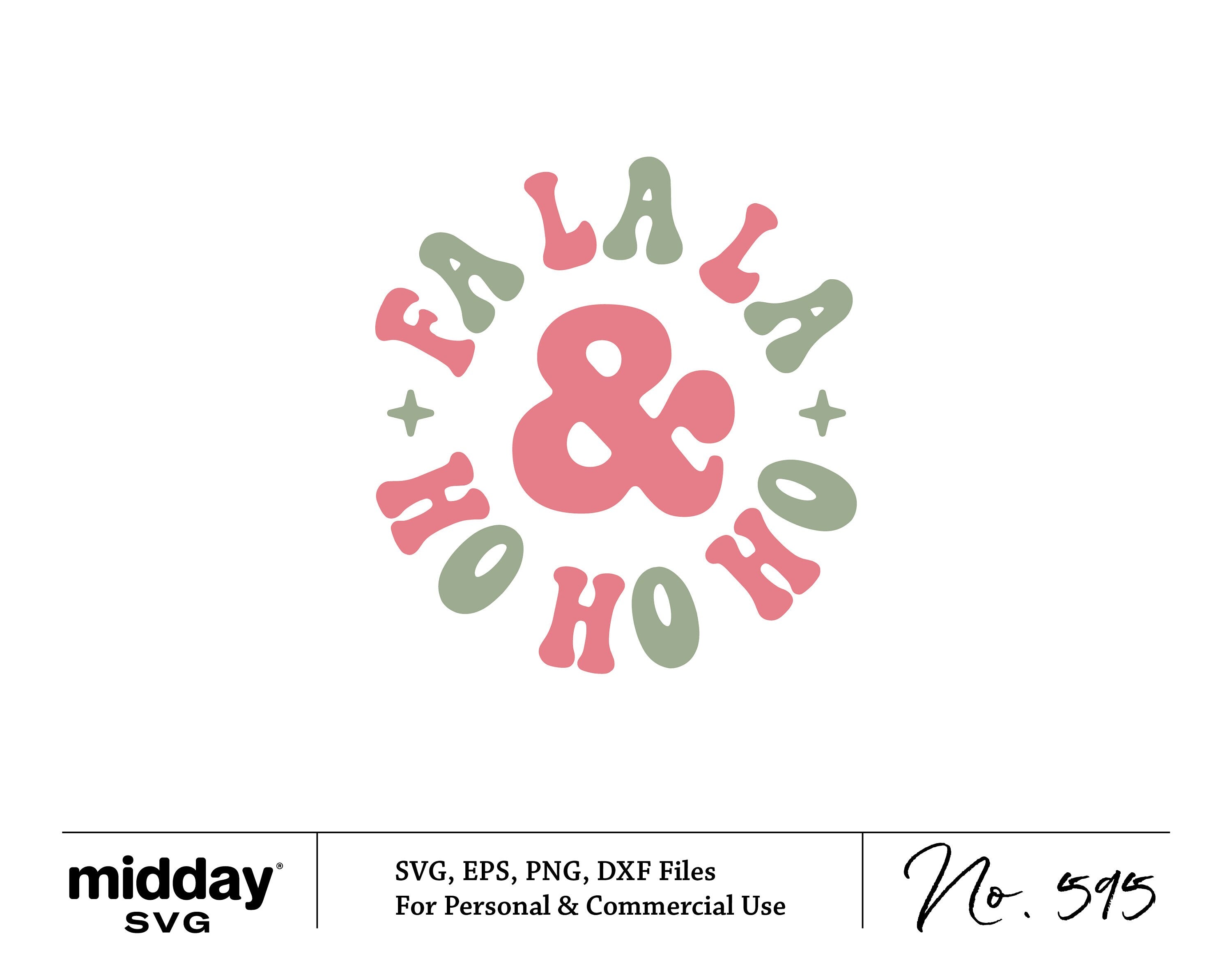 Fa La La Ho Ho Ho SVG design in pink and green for Christmas crafts, featuring text and festive stars, suitable for Cricut projects.