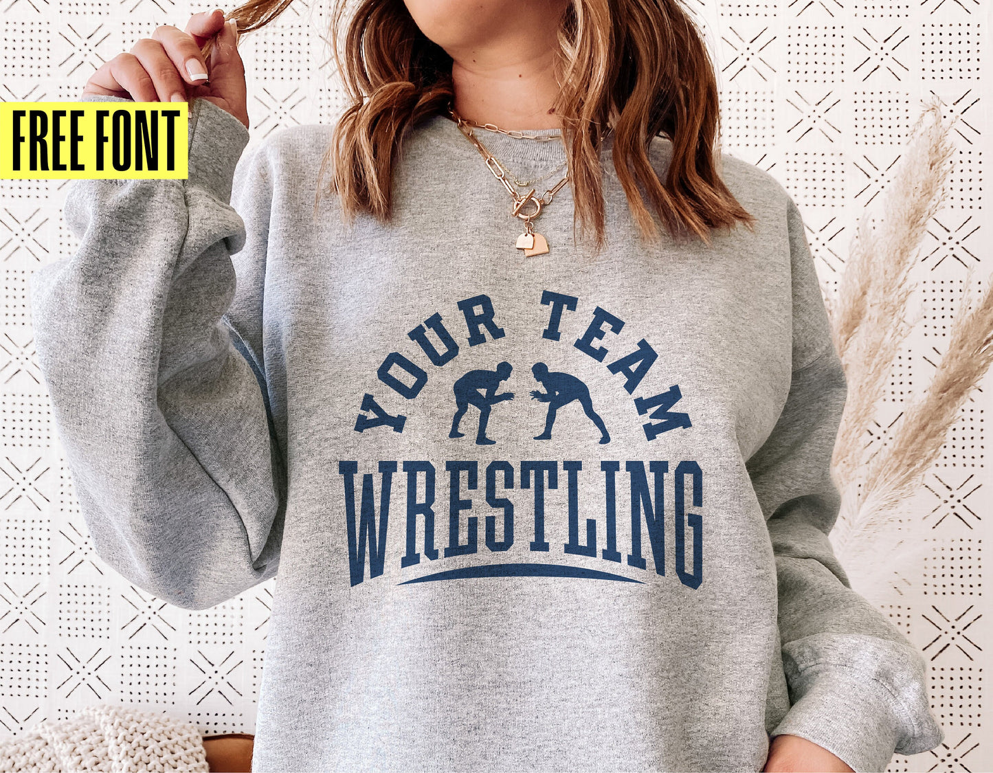 Gray wrestling sweater with 'Your Team Wrestling' print, ideal for Cricut and sublimation, free font included.