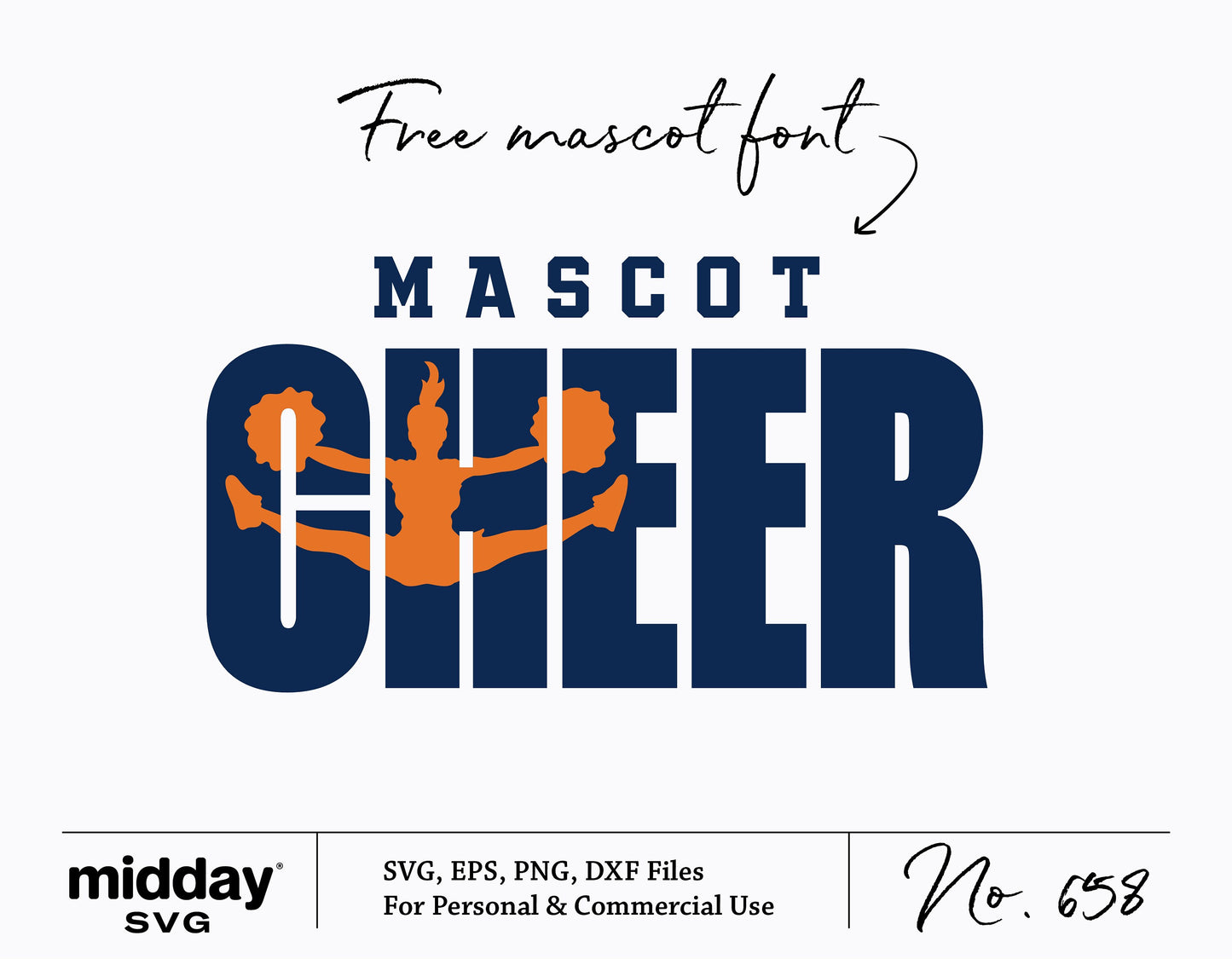 Cheer SVG with mascot font in blue, featuring cheerleader silhouette, includes SVG, EPS, PNG, DXF for Cricut and Silhouette use.