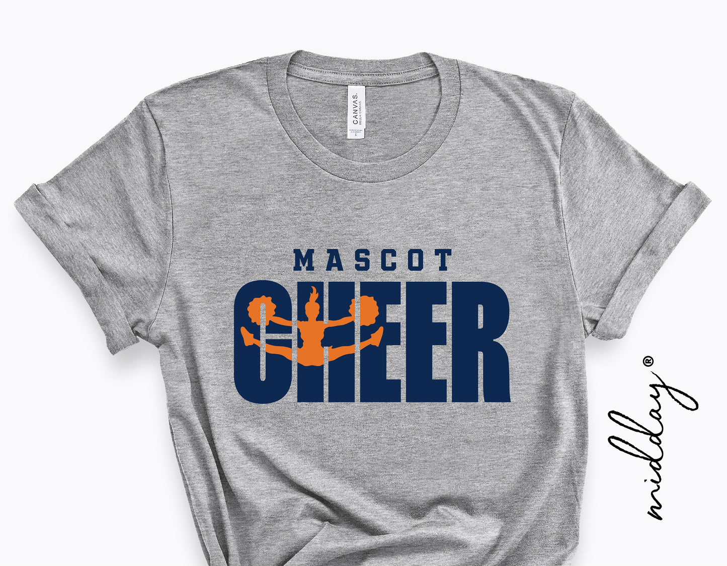 Gray t-shirt featuring a cheerleading design with the word 'Cheer' in large letters and a silhouette of a cheerleader. Ideal for team apparel.