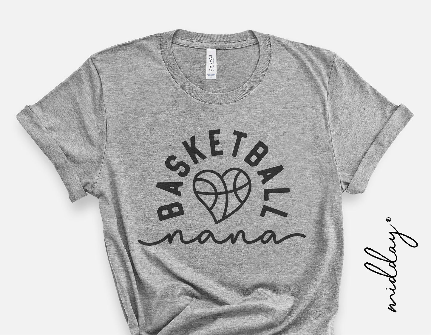 Gray t-shirt with 'Basketball Nana' text and basketball heart design for game day or sports-themed occasions.